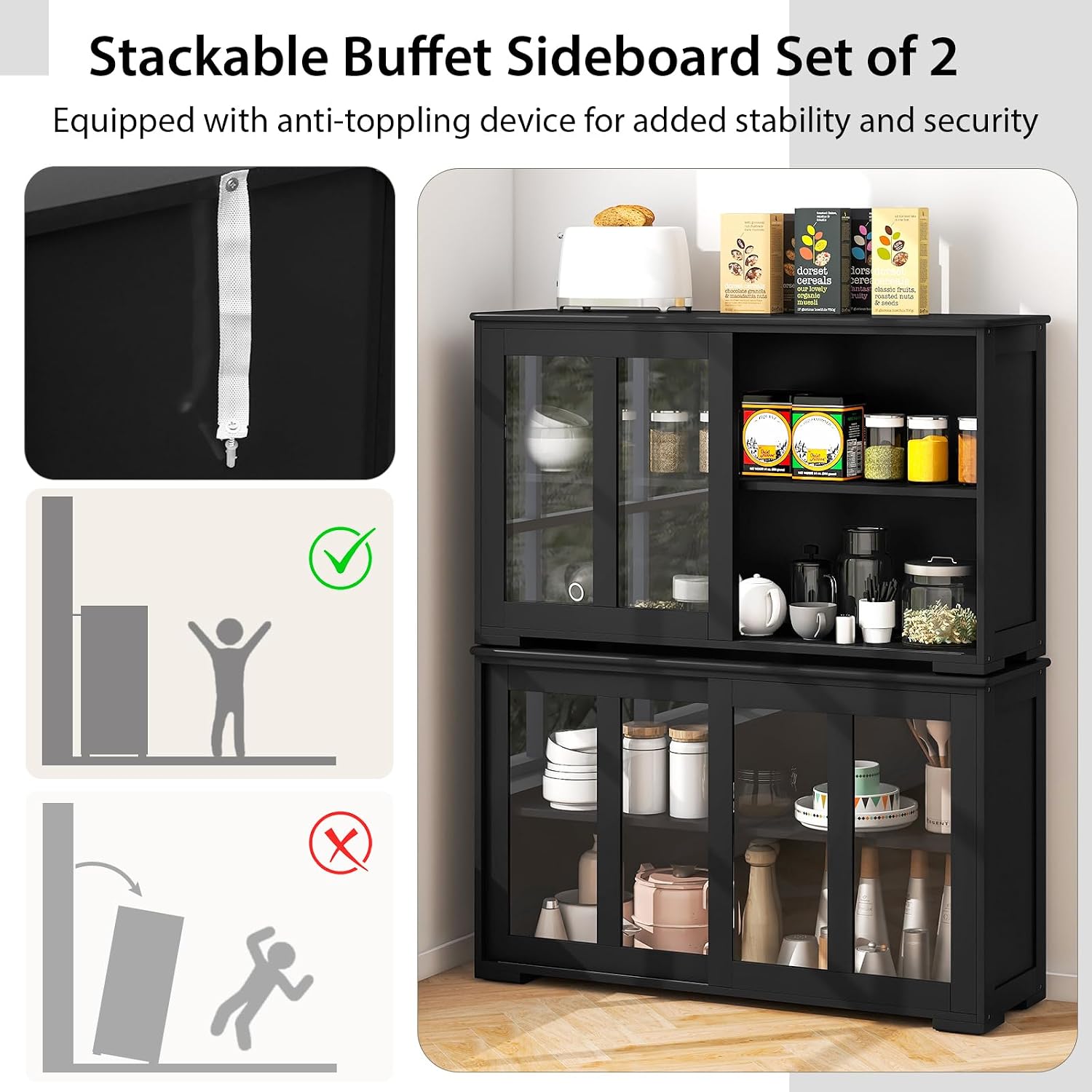 COSTWAY Buffet Sideboard with Storage, 2-Door Floor Cupboard with Sliding Tempered Glass Cabinet & Adjustable Shelf, Stackable Storage Cabinet for Kitchen, Entryway, Black (2)