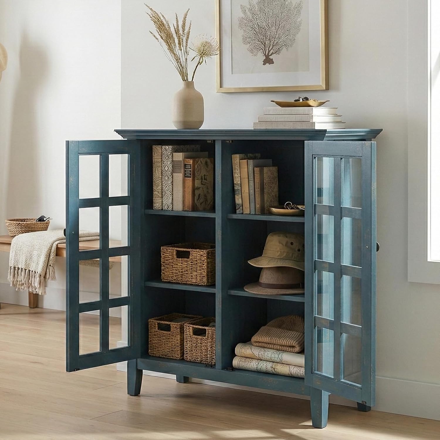SIMPLIHOME Acadian Storage Cabinet - 39 inch Wide Solid Wood 6-Shelf Medium Storage Cabinet in Distressed Coastal Blue, Transitional Cabinet with Glass Doors for Living Room with Adjustable Shelves