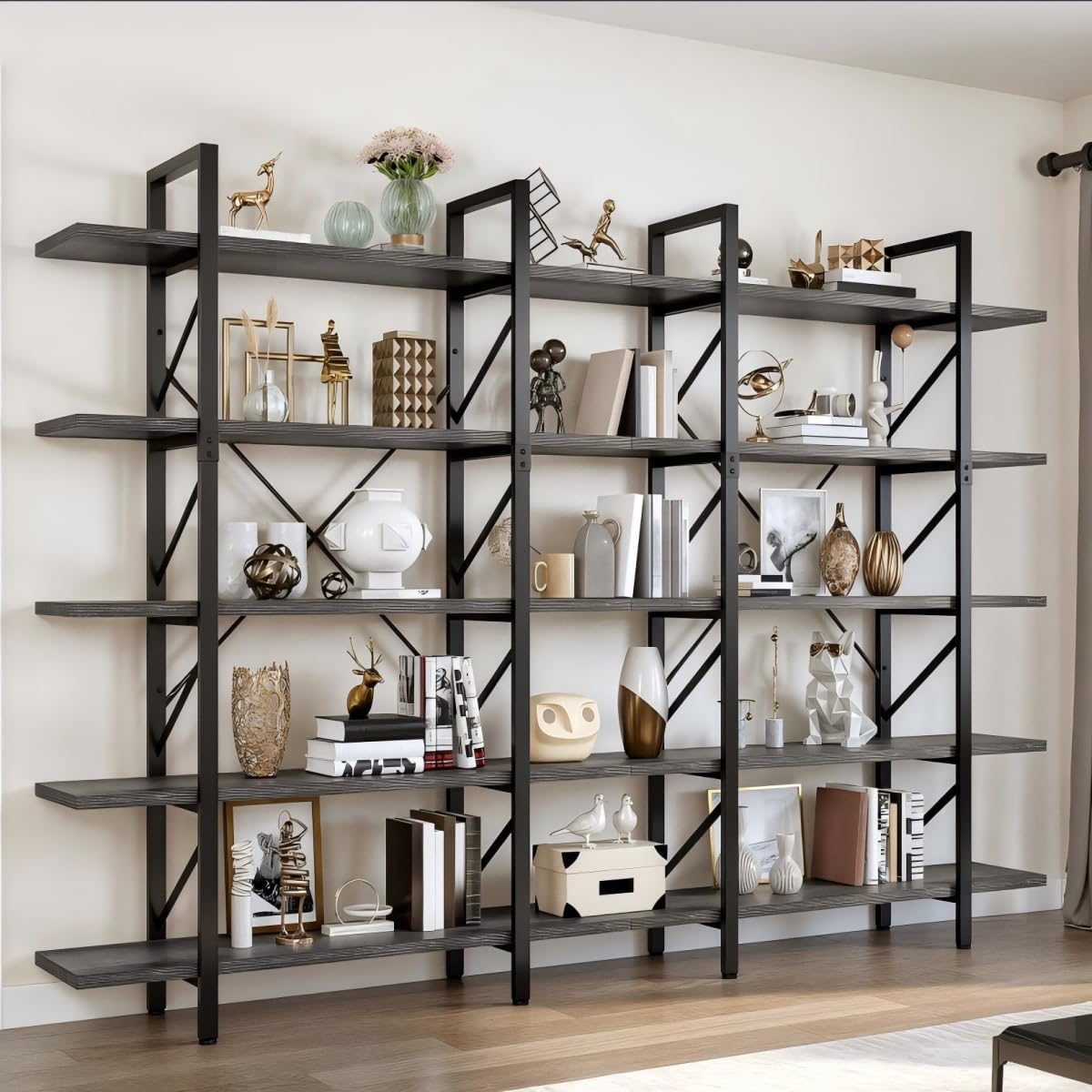 DWVO 5-Tier Bookshelf, 70.9' Tall Bookshelves Vintage BookCases with 5 Shelves Display Storage Shelves for Home Office, Living Room, Charcoal Gray