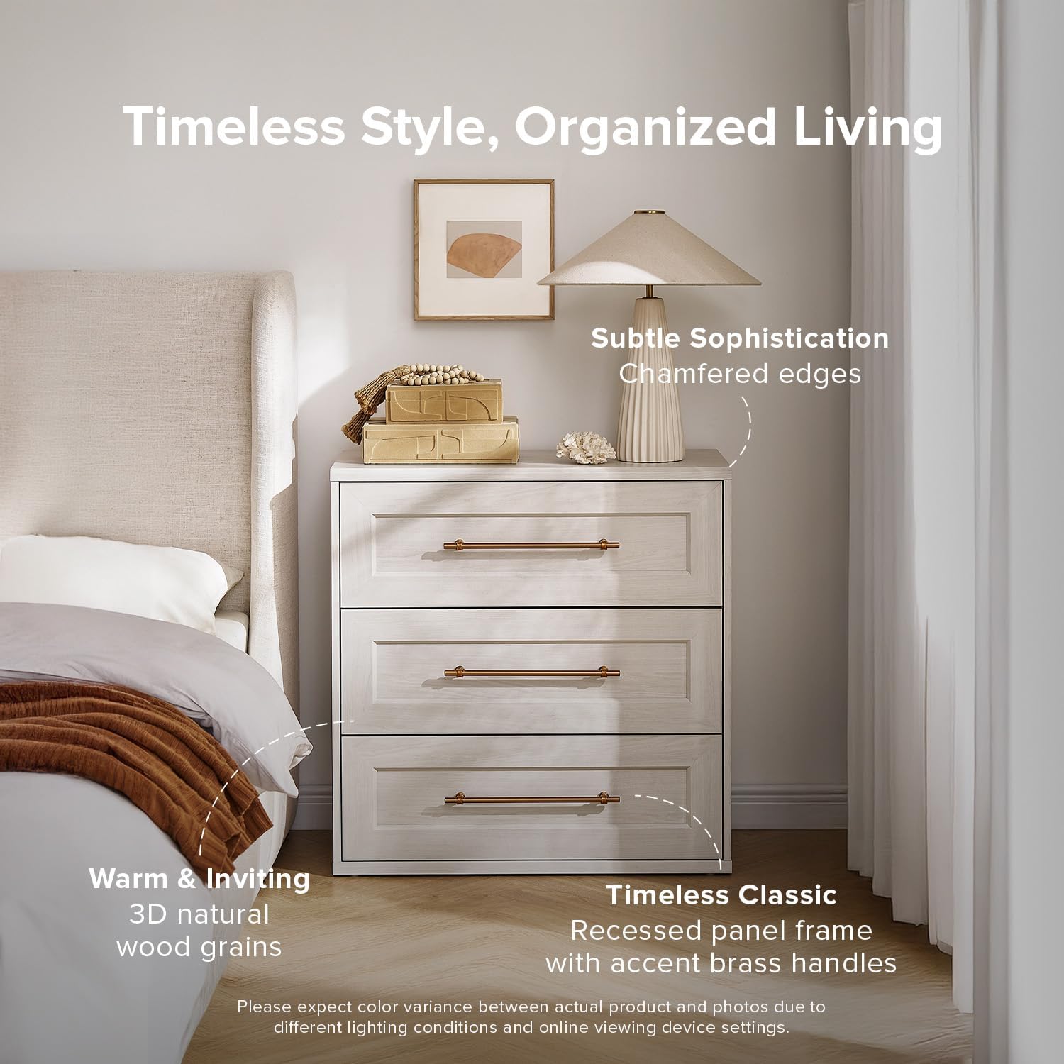 mopio Blake 3 Drawer Dresser for Bedroom, Chest of Drawers, Wood Dresser Organizer, Modern Farmhouse, Tall Night Stand, Enhanced Safety, Sturdy Compliant (White Oak, Single)
