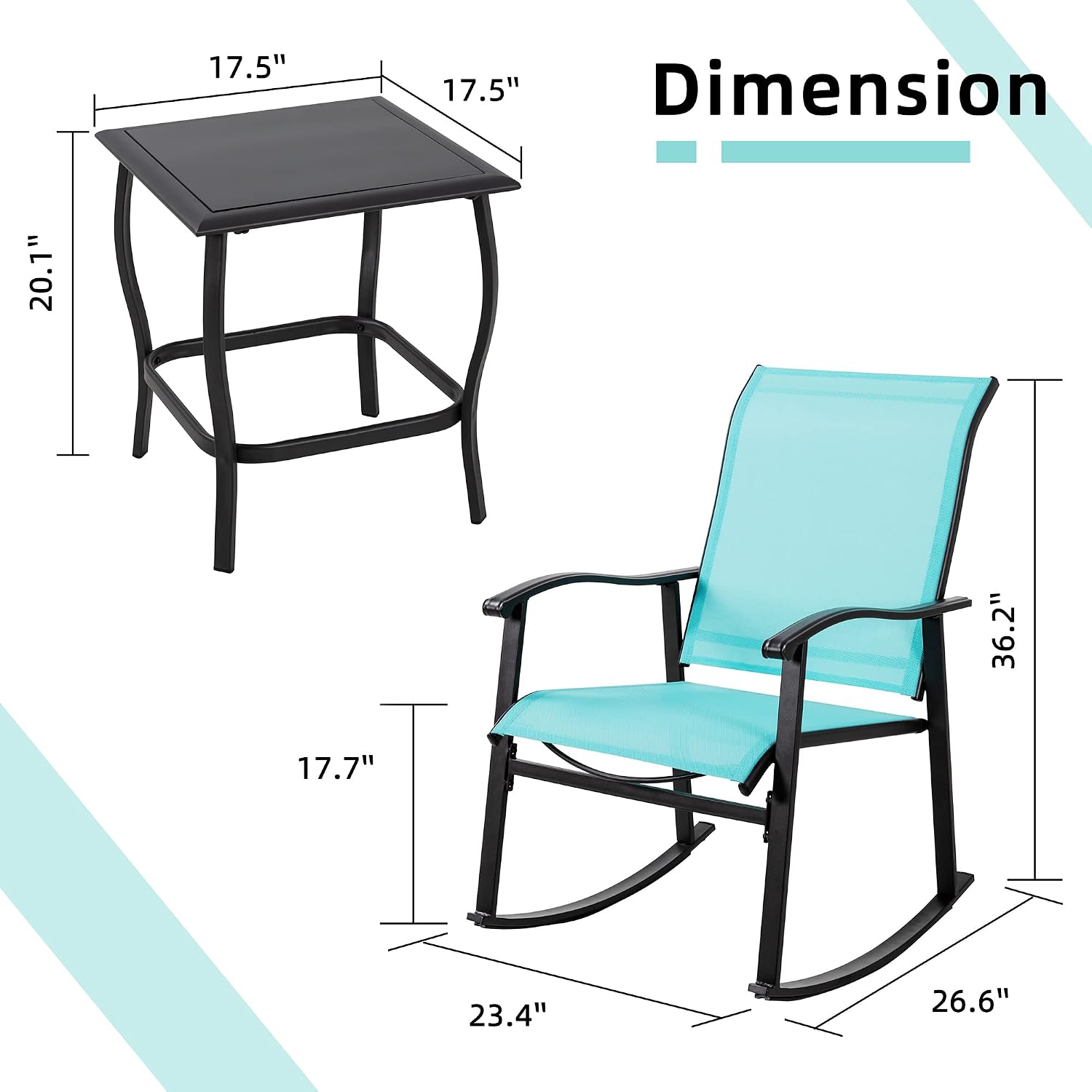 Vongrasig 3 Piece Outdoor Rocking Bistro Set, Textilene Fabric Small Patio Furniture Set, Front Porch Rocker Chairs Conversation Set with Glass Table for Lawn, Garden, Balcony, Poolside (Blue)