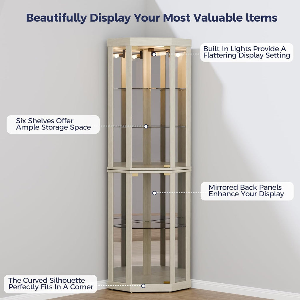 Lighted 3-Side Glass Display Curio Cabinet, Corner China Cabinet with Tempered Glass Doors, Wooden Display Case with Light Bulb for Living Room, Antique White