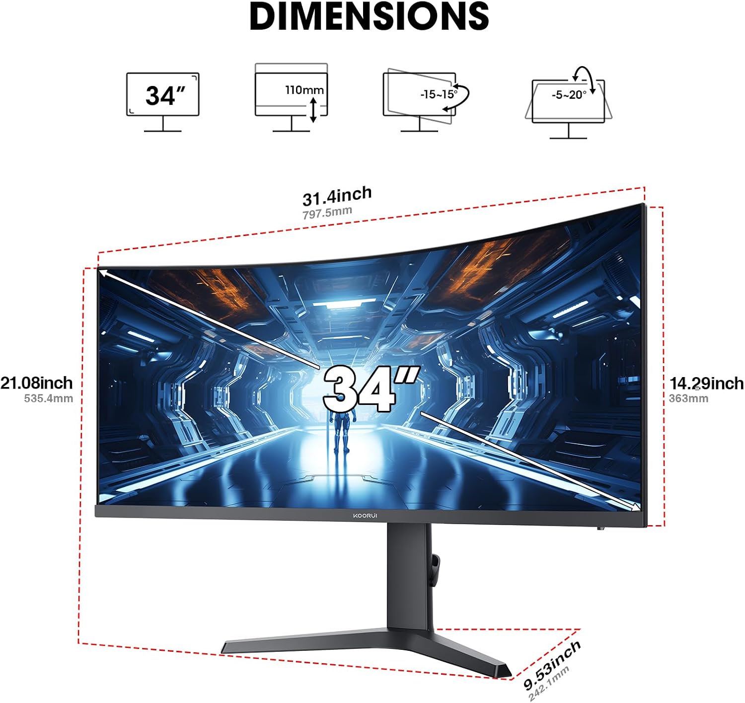 KOORUI 34-inch Curved Ultrawide WQHD 3440×1440 Gaming Monitor, 180Hz 1000R- PIP/PBP, 1ms(MPRT), HDR400, DCI-P3 95%, FreeSync Premium, 1 x DP 1.4 & 2 x HDMI 2.0, Tilt Height Swivel Adjustment, 34E6UC
