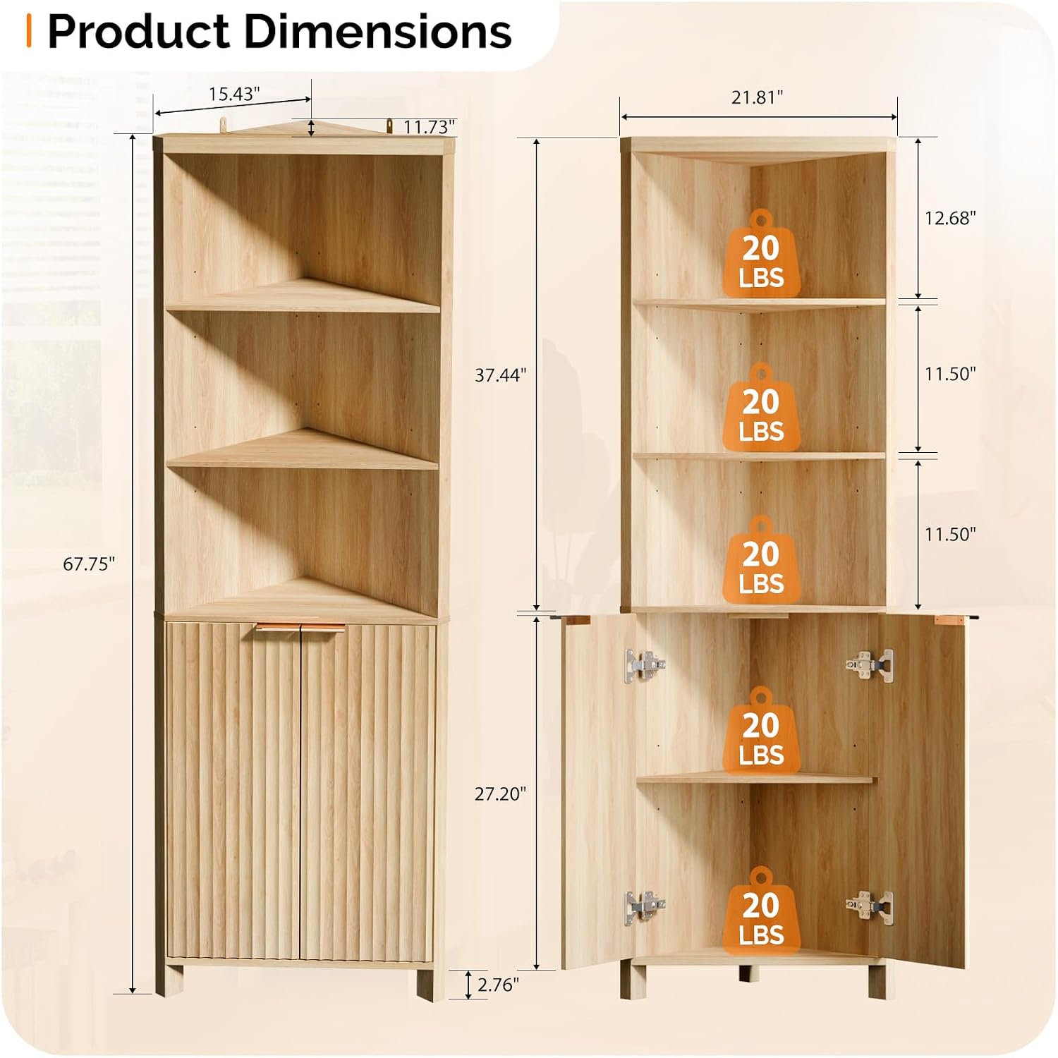VINGLI 68' Tall Corner Cabinet with Fluted Doors,Corner Bathroom Storage Cabinet Pantry Hutch Display Shelves Adjustable for Kitchen, Living Room Modern Space Saver Shelf Bathroom Furniture,Oak