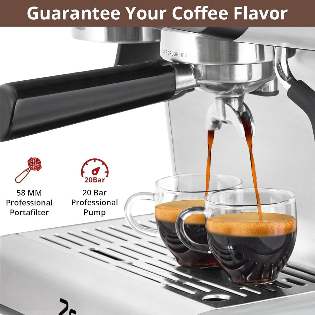 Espresso Machine with Grinder & Milk Frother - 20 Bar Professional Coffee Maker with 95 oz Removable Water Tank for Home Brewing Lattes and Cappuccinos - Stainless Steel