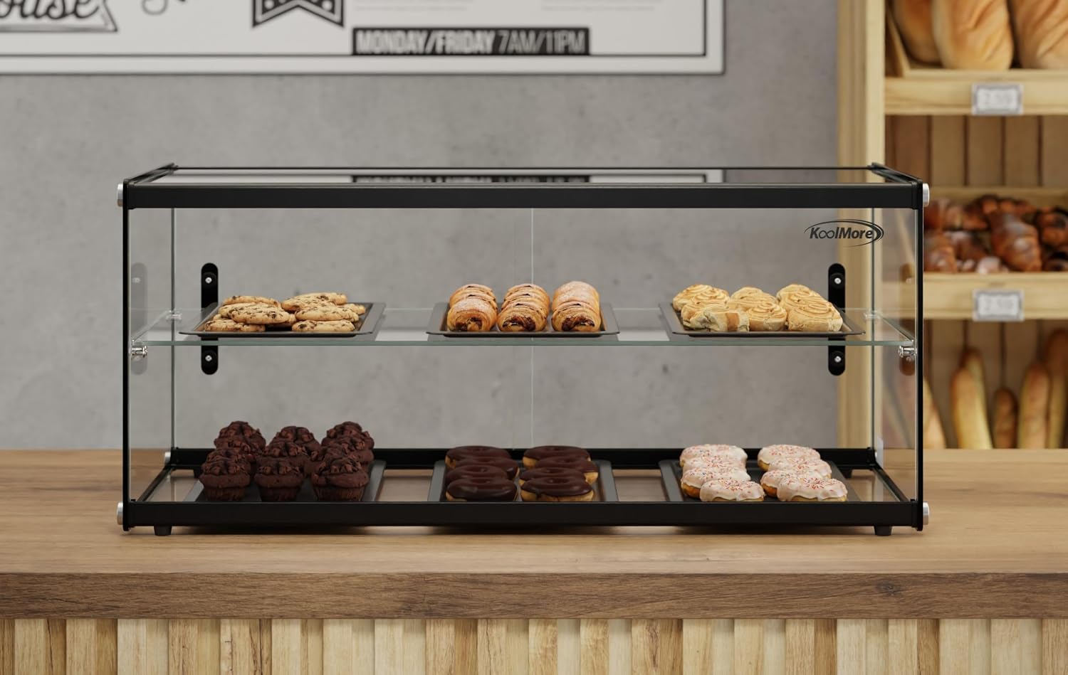 KoolMore 33 in. 2 Tiered Pastry Display Case with Glass Shelf and Sliding Door, 3.2 cu. ft. Capacity, ETL Listed (KM-DC-3CSBK)