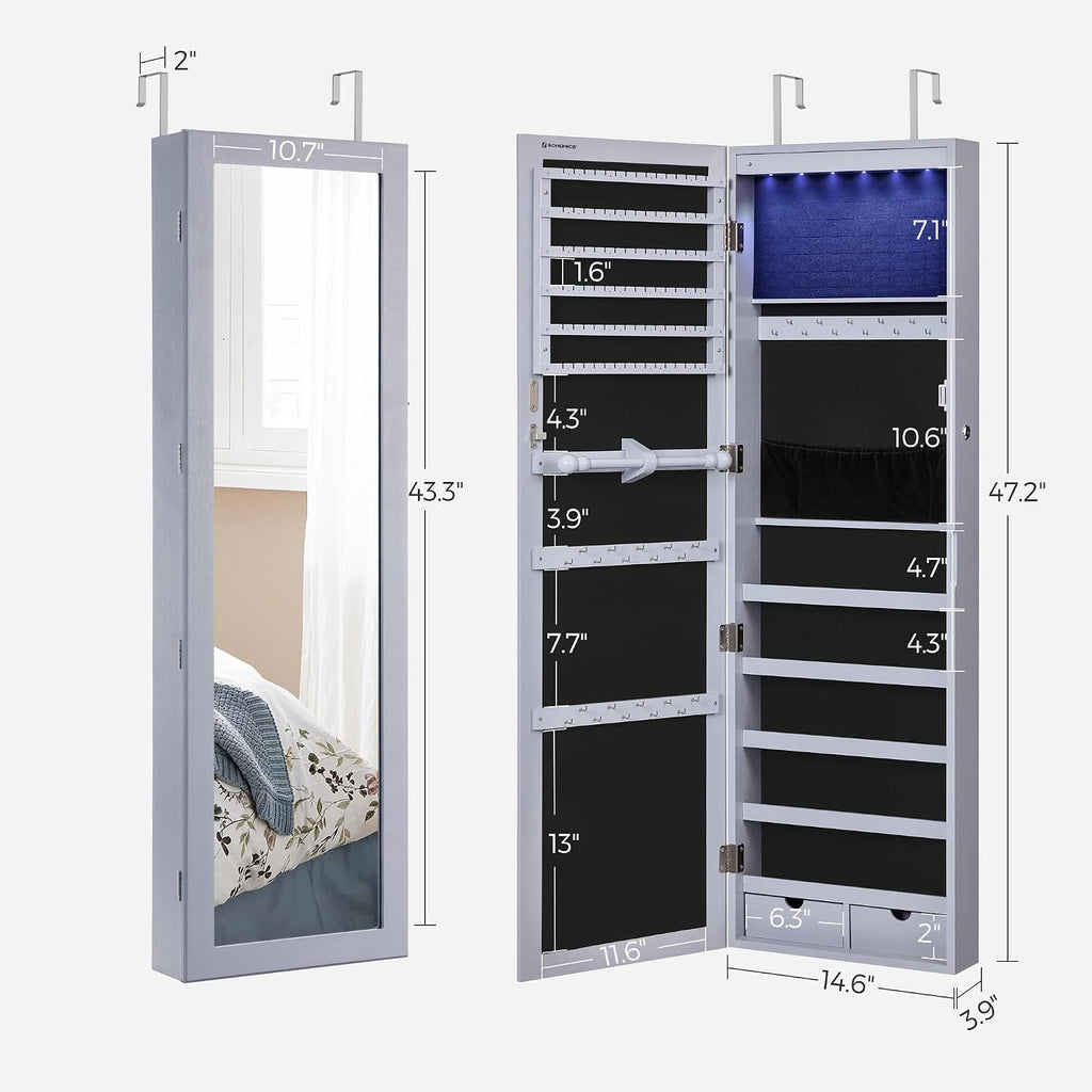 SONGMICS 6 LEDs Mirror Jewelry Cabinet, 47.2-Inch Tall Lockable Wall or Door Mounted Jewelry Armoire Organizer with Mirror, 2 Drawers, 3.9 x 14.6 x 47.2 Inches, Gray UJJC93GY
