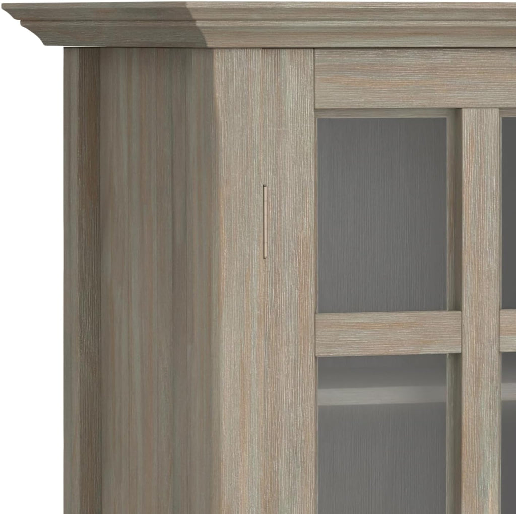 SIMPLIHOME Acadian Storage Cabinet - 39 inch Wide Solid Wood 4-Shelf Display Cabinet in Distressed Grey, Transitional Cupboard for Living Room or Dining Room with Glass Doors and Adjustable Shelves