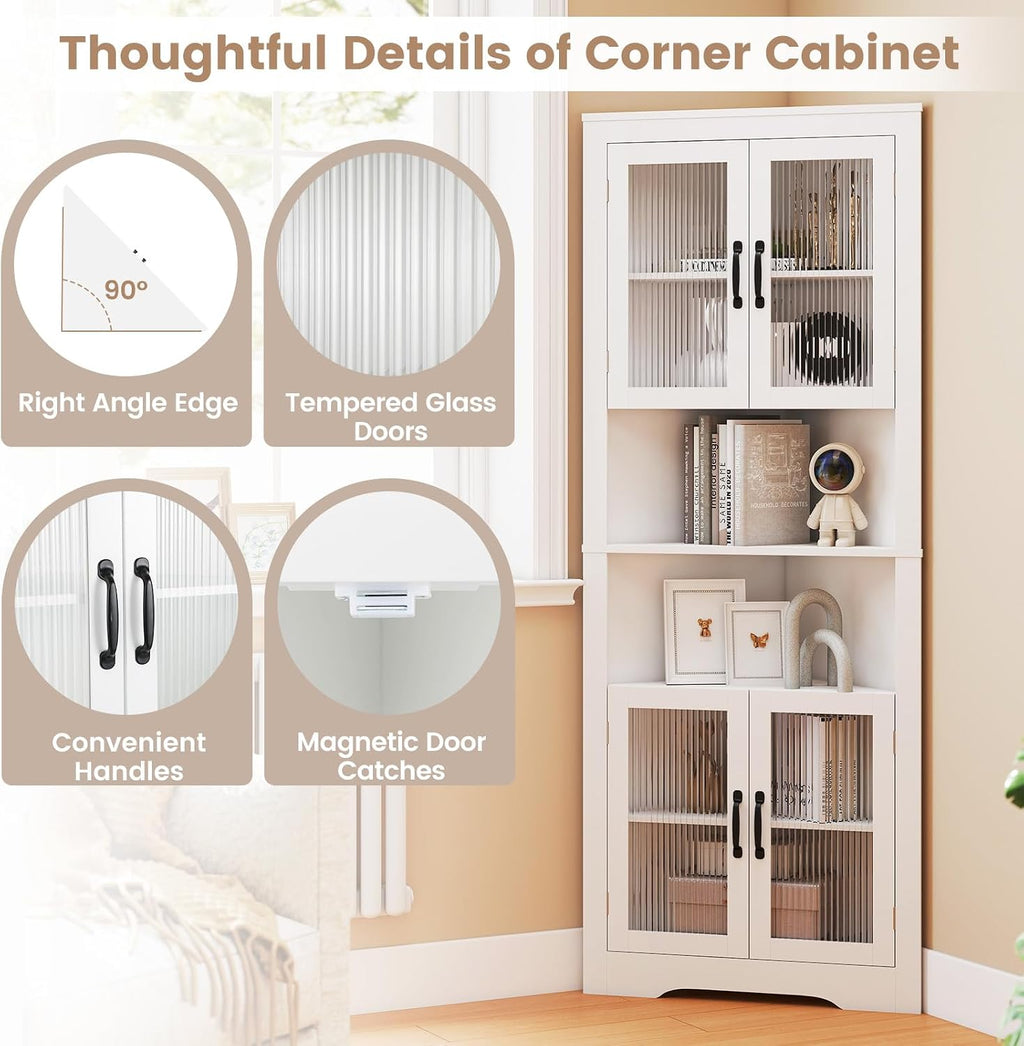 Giantex 67' Tall Corner Cabinet, Space-Saving Triangular Storage Cabinet w/ 4 Tempered Glass Doors, Adjustable Shelves, Freestanding Corner Shelf for Bathroom, Kitchen, Living Room (White)