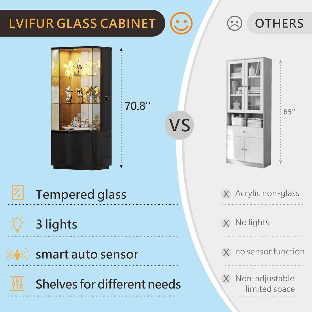 Lvifur 71' Glass Display Cabinet with Lights, Modern Curio Cabinet Display Cases for Collectibles, Locking Cabinet with Shelves & Drawers, Tall Bookcase with Human Body Sensor for Living Room (Black)
