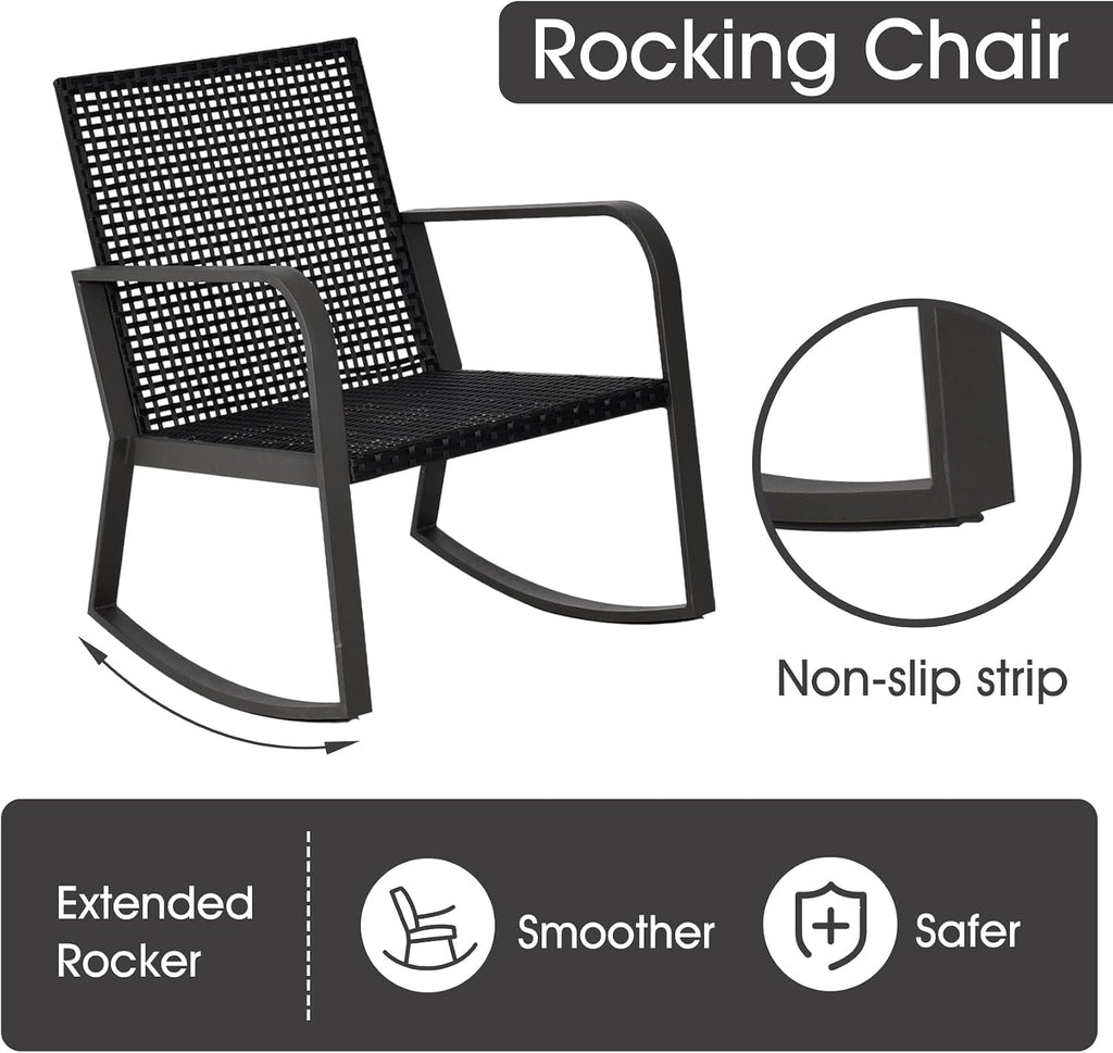 Bistro 3 Piece Patio Furniture Set, Patio Table and Rattan Outdoor Rocking Chairs Set of 2, Outdoor Bistro Conversation Set for Garden, Balcony, Poolside, Backyard, Blue