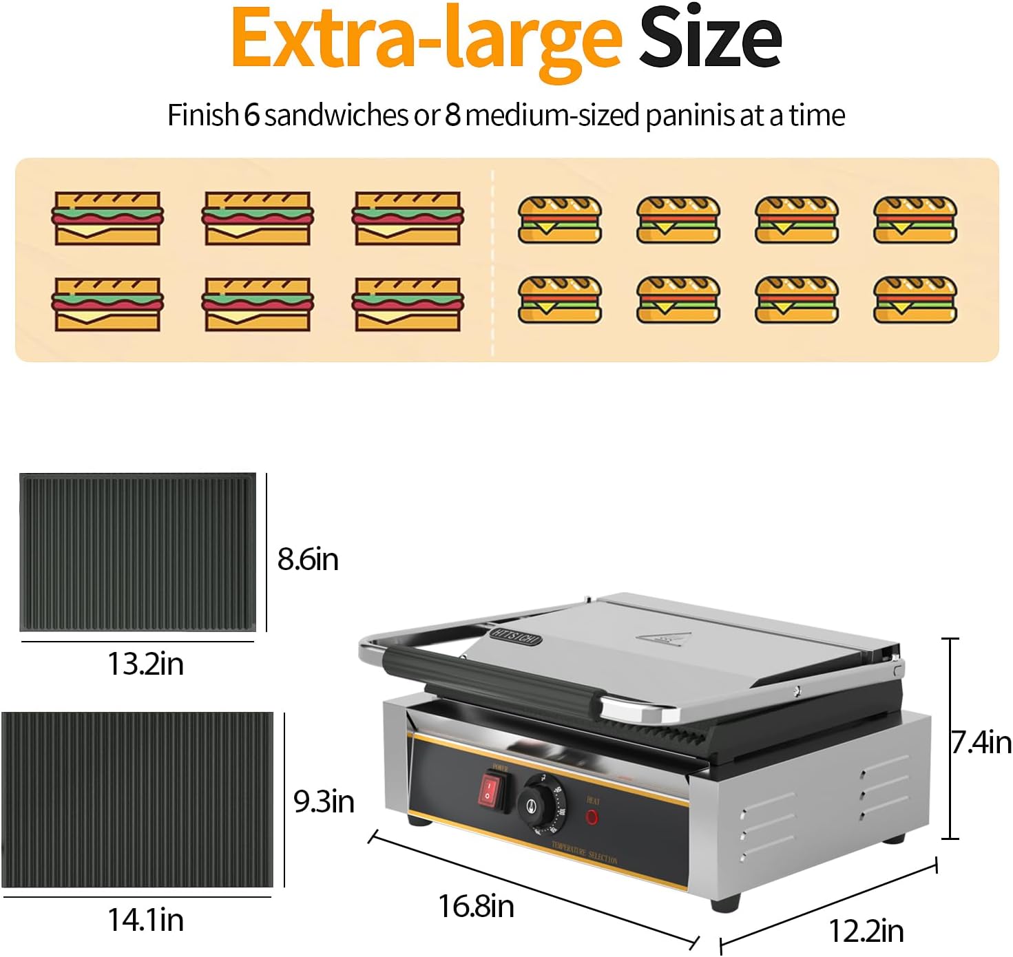 Commercial Panini Press - 2200W Commercial Electric Panini Sandwich Grill w/Nonstick Coating & Adjustable Temp, Panini Grill Press w/ 14'x9' Cooking Pan, Double-sided Heating