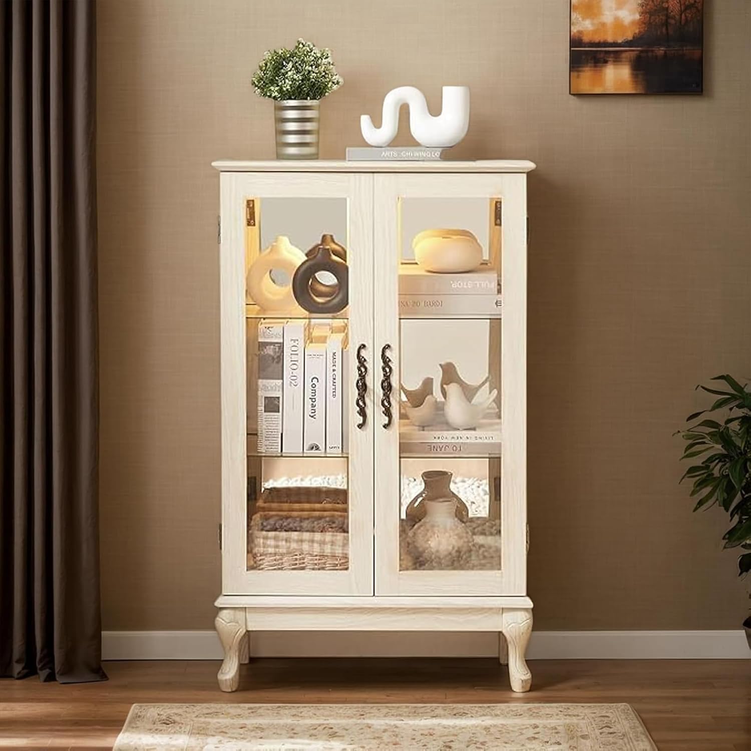 43'H Lighted Display Curio Cabinet, 3-Tier Glass Accent Storage Cabinet Curio Showcase w/ 2 Doors & Adjustable Shelves, Wine Artwork Storage Rack w/ Mirrored Back Panel for Living Room (White)
