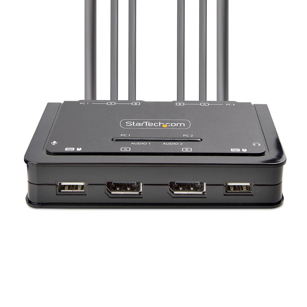 StarTech.com 2-Port Dual-Monitor DisplayPort Cable KVM Switch, 4K 60Hz, Compact KVM with 5ft/1.5m USB-A/DisplayPort/Audio Integrated Cables, Bus Powered, Remote/Hotkey Switching (C2-DD46-UA2-CBL-KVM)