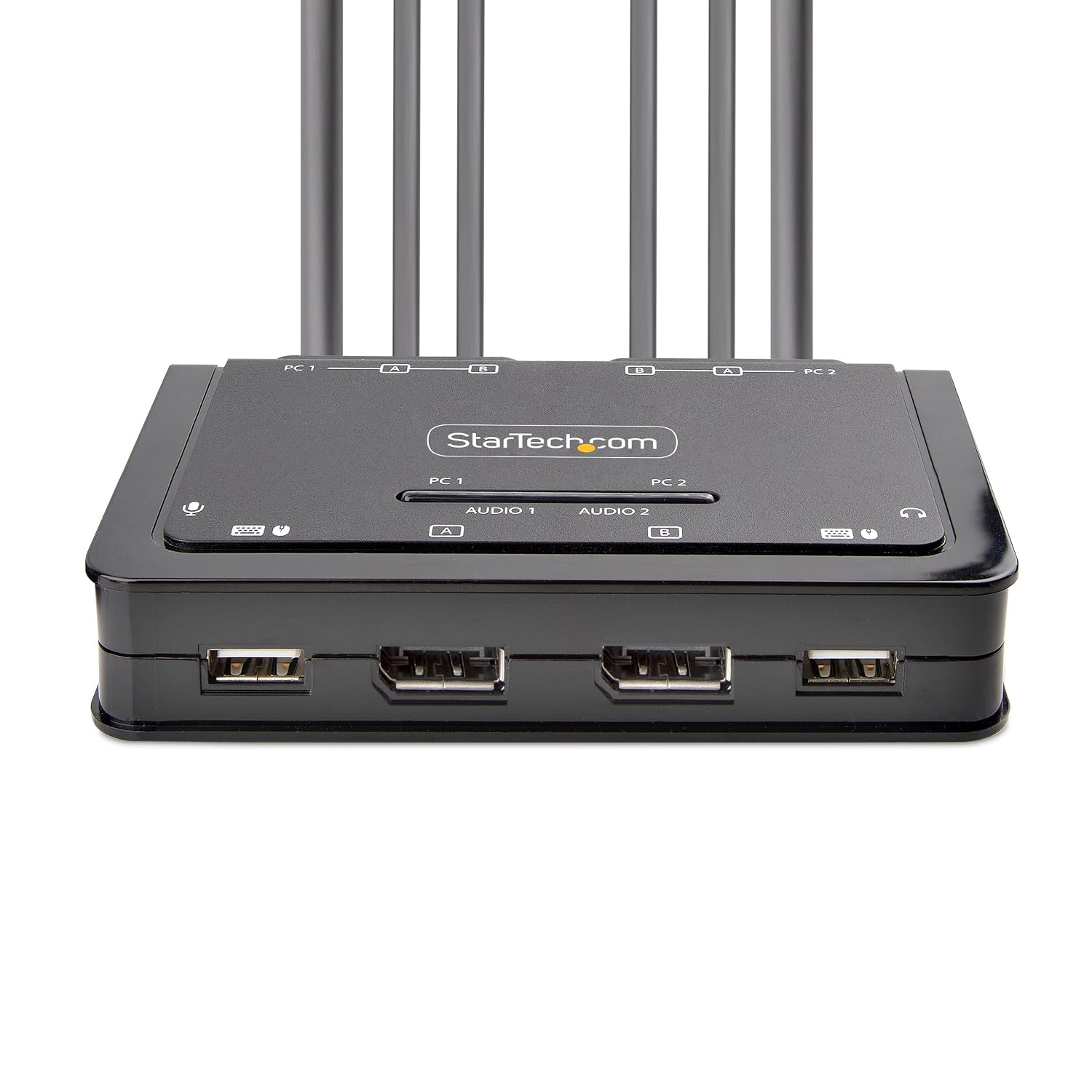 StarTech.com 2-Port Dual-Monitor DisplayPort Cable KVM Switch, 4K 60Hz, Compact KVM with 5ft/1.5m USB-A/DisplayPort/Audio Integrated Cables, Bus Powered, Remote/Hotkey Switching (C2-DD46-UA2-CBL-KVM)
