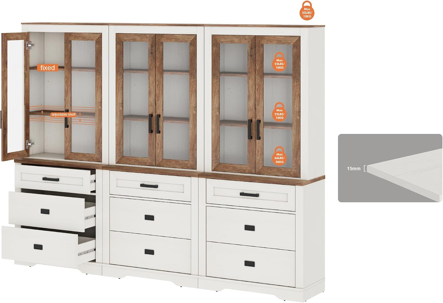 WAMPAT 3 Column 73.3' Tall Bookcase with Glass Door, 94.5' Wide Rustic Wood Bookshelves with Chest of Drawers, Modern Farmhouse Display Cabinet with Adjustable Shelves for Home,Office,White&Oak