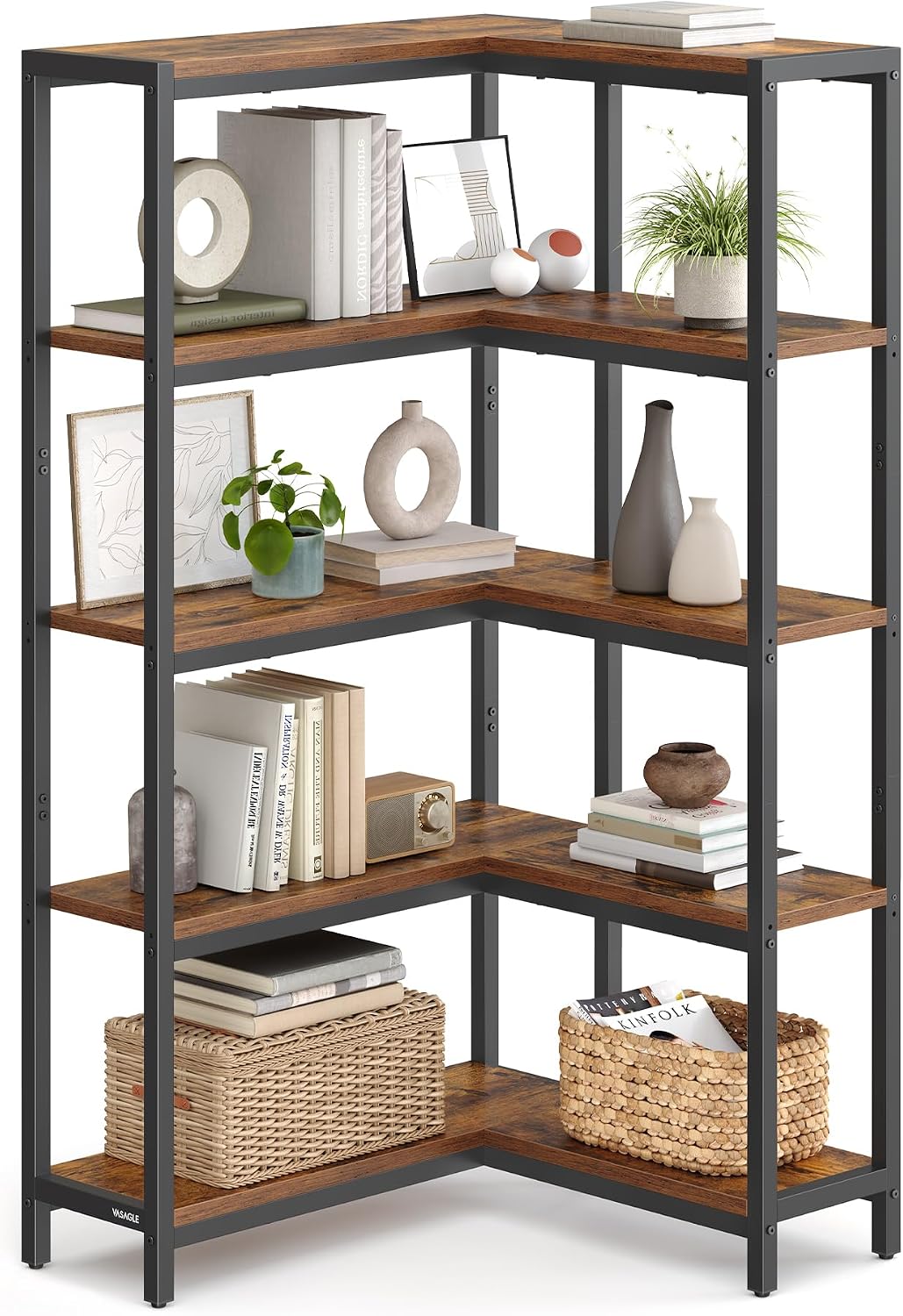 VASAGLE 5 Tier Bookshelf with Metal Frame, Convertible Industrial Corner Shelf, 9.4 x 40.2 x 55.9 Inches, for Living Room, Bedroom, Home Office, Rustic Brown and Ink Black ULLS605KD01