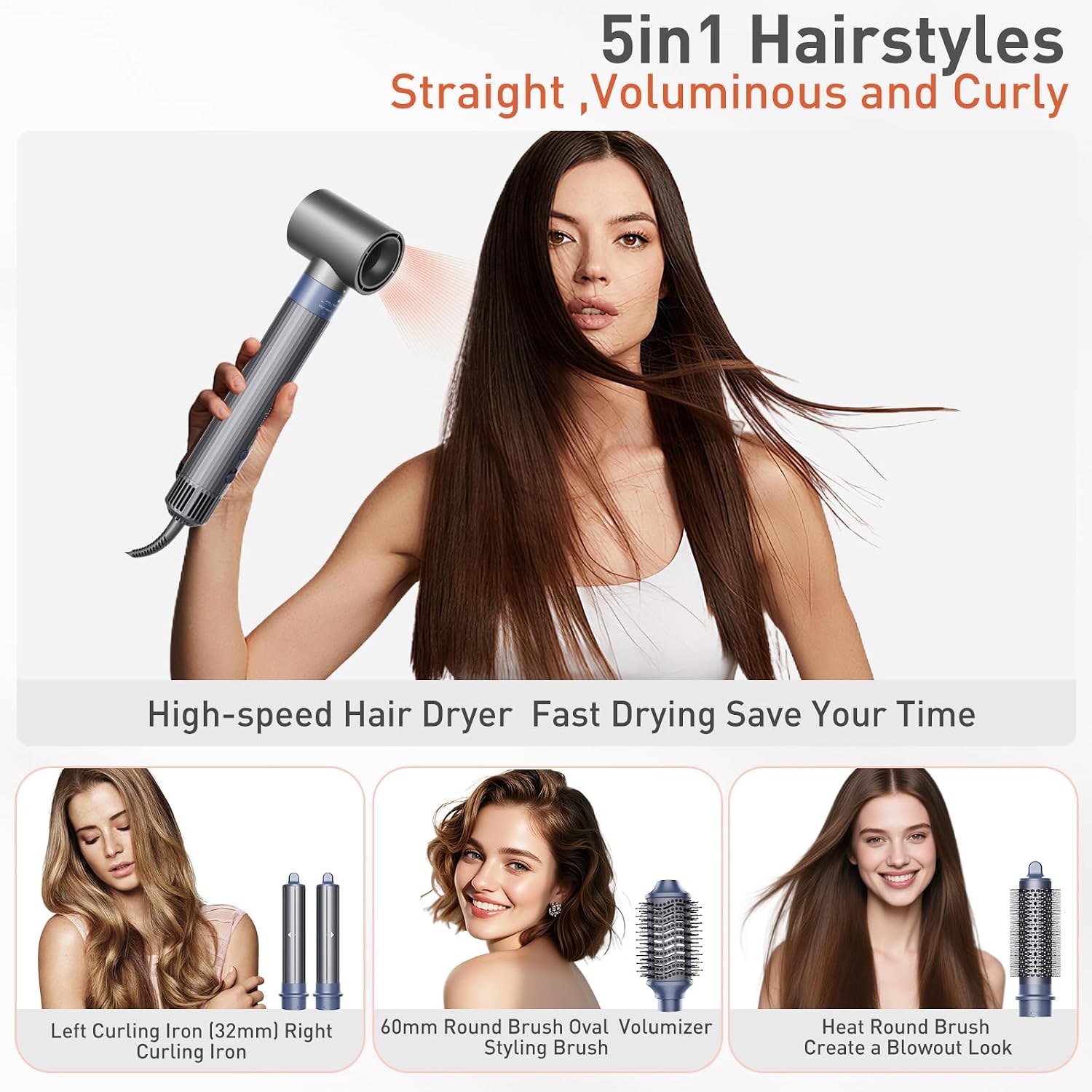 TANSHINE Blow Dryer Brush Set,Hair Dryer Brush with 110,000 RPM High-Speed Negative Ionic Hair Dryer,5 in 1 Hot Air Styler, Blow Dryer for Fast Drying Curling Volumizing Straightening Styling