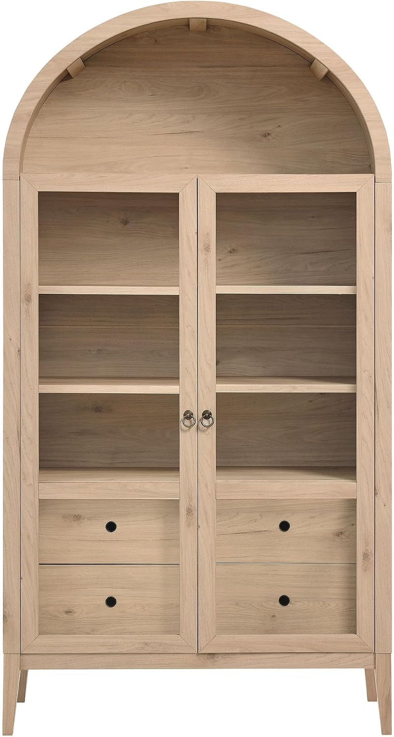Modway Nolan Tall Arched Storage Display Cabinet in Light Oak - 74 Inch Arch Bookshelf with Glass Doors, Shelves and Drawers - Modern Accent Cabinet for Living Room, Dining Room