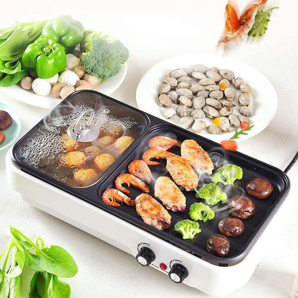 BBQ Smokeless Grill Electric Grill with Hot Pot 2 in 1 Indoor Korean BBQ Grill and Shabu Shabu Pot with Divider 2200W Separate Dual Temperature Control, BBQ Accessories Gift Set, Capacity for 2-8 Peop
