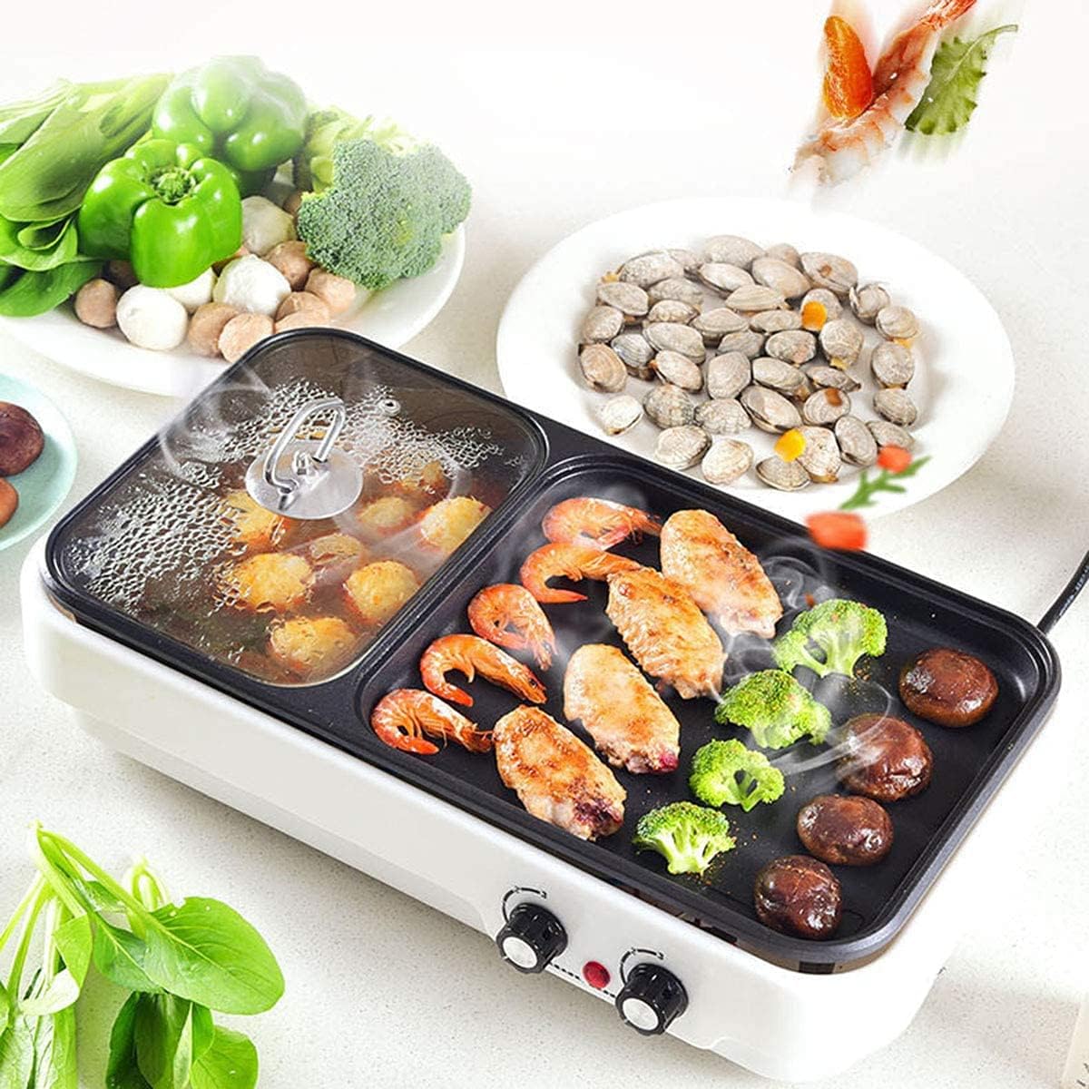 BBQ Smokeless Grill Electric Grill with Hot Pot 2 in 1 Indoor Korean BBQ Grill and Shabu Shabu Pot with Divider 2200W Separate Dual Temperature Control, BBQ Accessories Gift Set, Capacity for 2-8 Peop