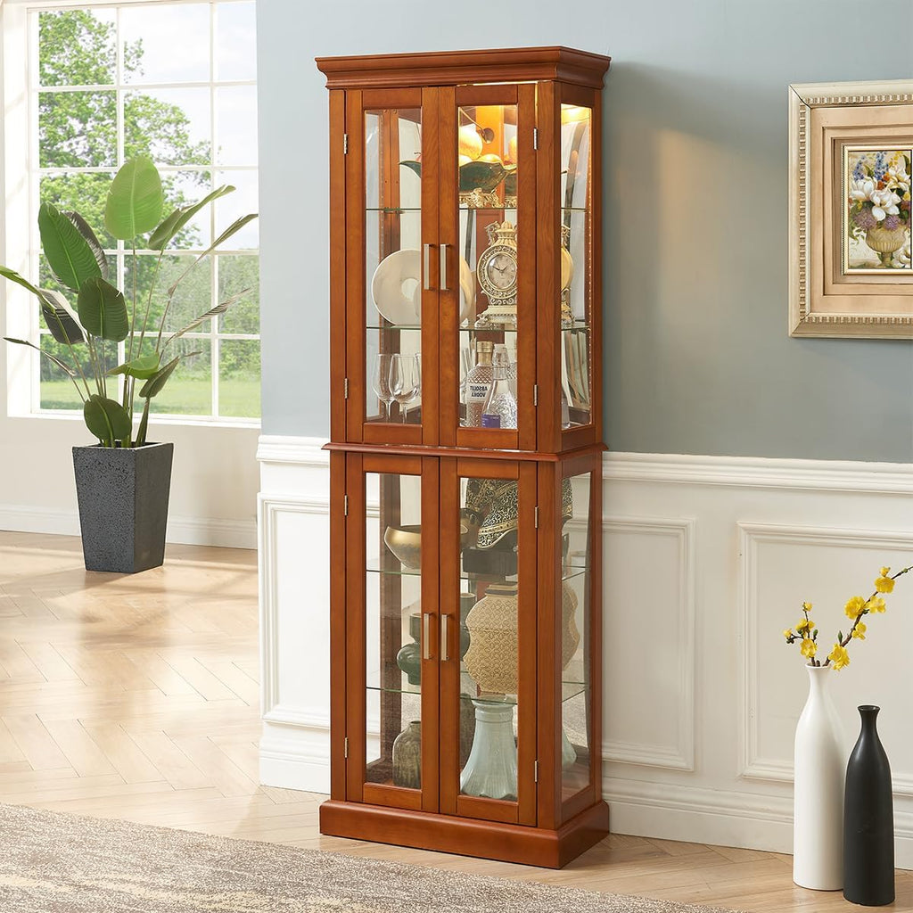 Lighted Wooden Display Curio Cabinet,Cabinet with Tempered Glass Door & 6 Shelves,Vintage 3 Side Glass,E26 Light Bulb Unincluded
