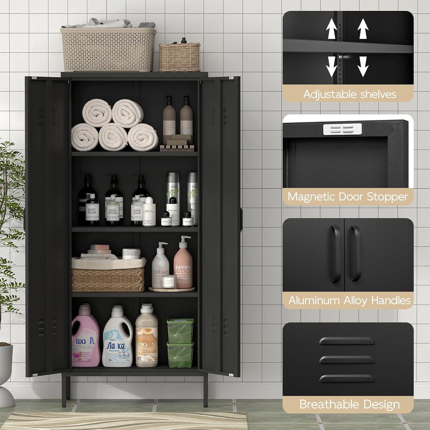 IRONFFICE Storage Cabinet,Metal Cabinets with Doors and Shelves,2 Door Metal Storage Cabinets with Legs,Black Tall Cabinet for Home Office,Utility Room