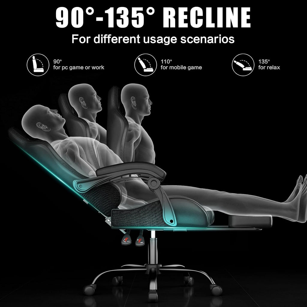 Czlolo Gaming Chair with Footrest Racing Style Lumbar Support Massager Video Game Chair with Metal Legs, High Back Gamer Chair with Headrest, 360° Swivel Office Computer Desk Chair, Black