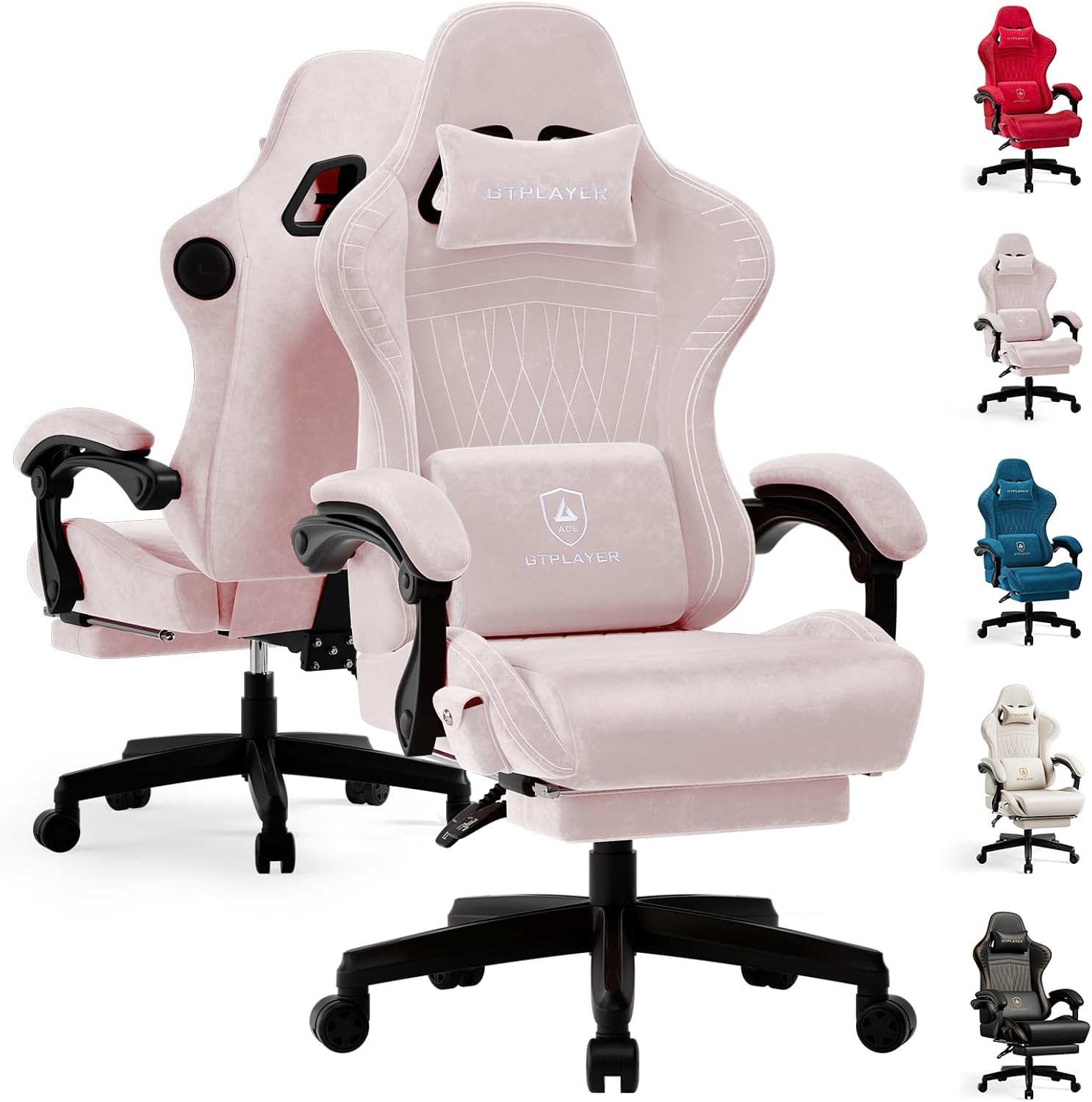 GTPLAYER ACE-PRO Music Gaming Chairs – Built-in Speakers, App Support & Bluetooth Control, Computer Game Chairs with Footrest for Adults, Ergonomic Reclining Silla, Linkage Armrest, Pink 【Velvet】