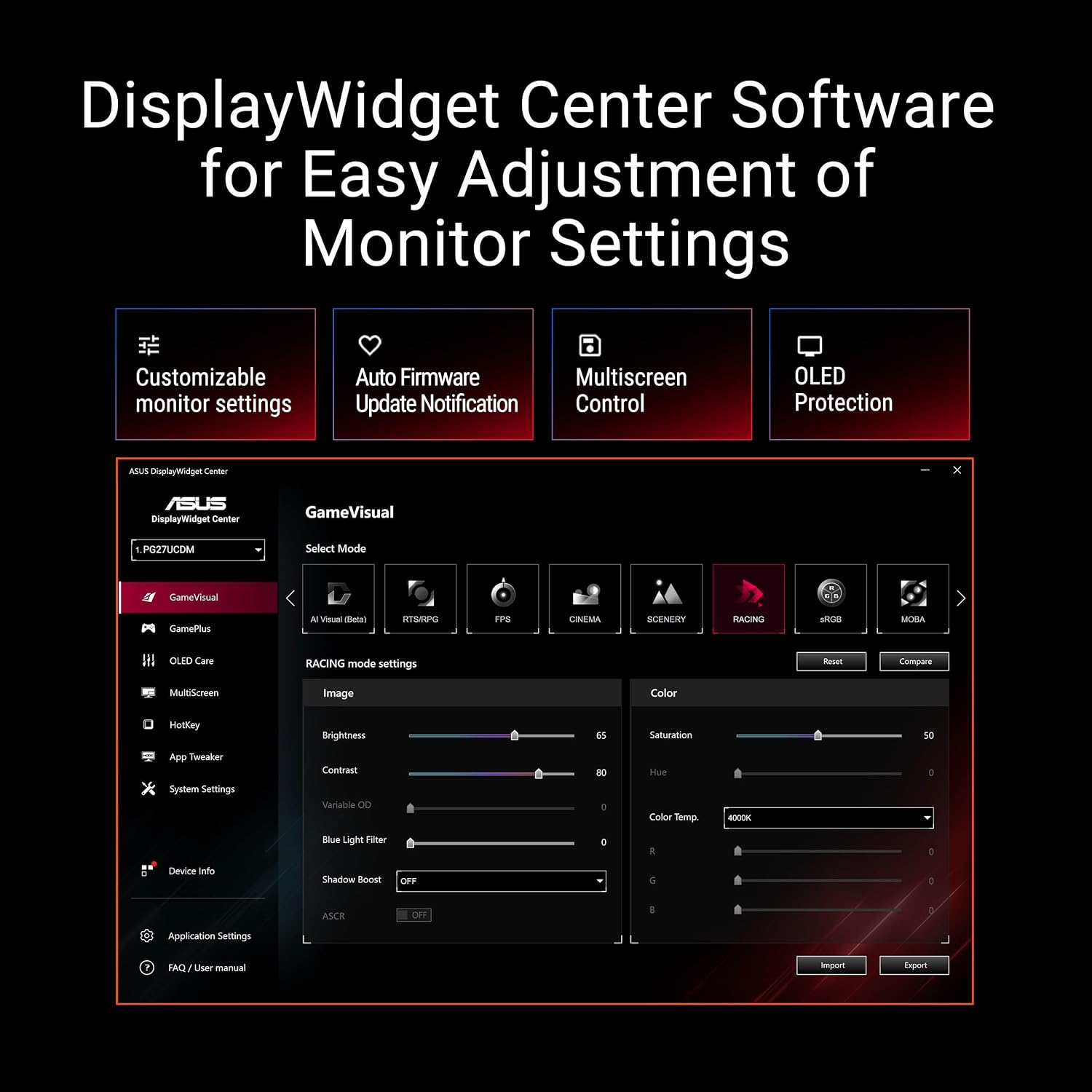 ASUS ROG Swift 27' 4K QD-OLED Gaming Monitor (PG27UCDM) - 240Hz, 0.03ms, Custom Heatsink, Neo Proximity Sensor, G-SYNC Compatible, 99% DCI-P3, True 10-bit color, DisplayPort 2.1a UHBR20, 3 yr warranty