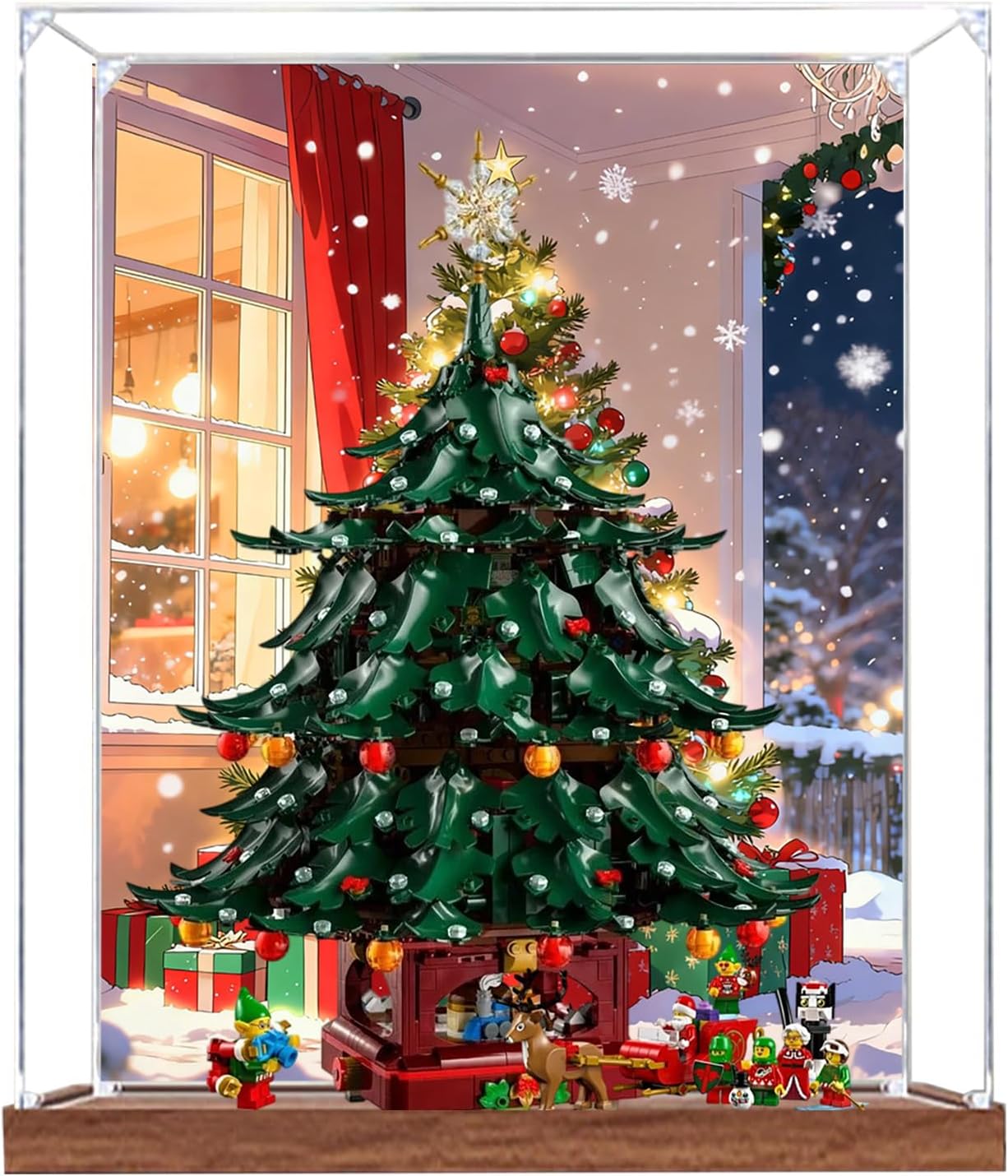 Acrylic Display Case for Lego 41843 Family Christmas Tree Building Set– Dustproof Display Box & Showcase, Display Box Compatible with Lego 41843 -Only Display case (Back Spray Wooden Base 2)