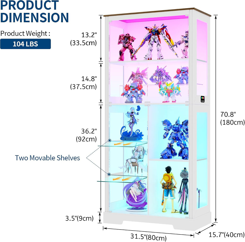 HNEBC Glass Display Cabinet with RGB Lights, 71'' Curio Cabinet with Glass Doors, 5-Tier Display Cases and Human Sensor, Bookcases for Collectibles, Books,Toys, White