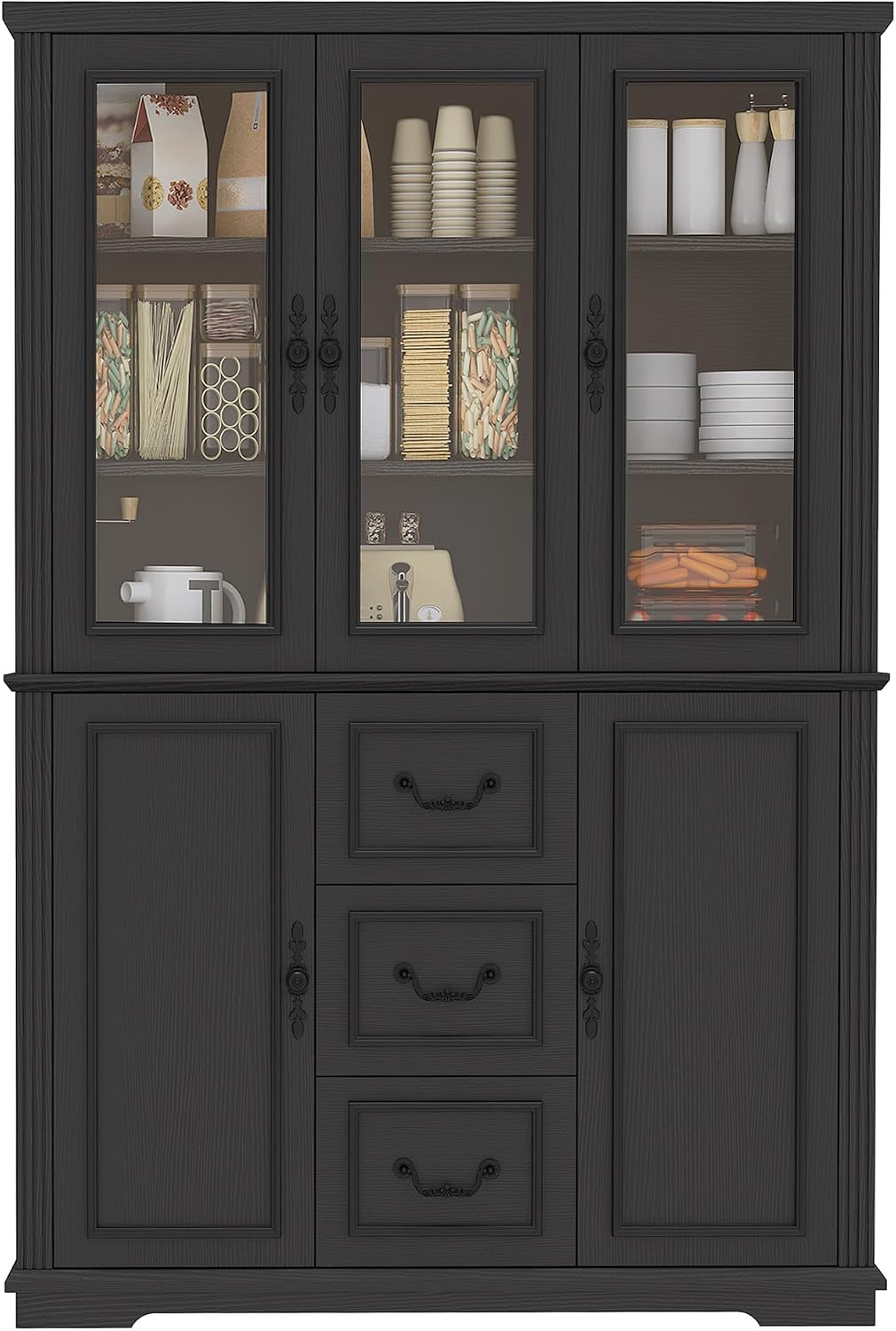 YITAHOME 71' H x 47' W Kitchen Pantry with 3 Drawers, Large Storage Cabinet with 3 Glass Doors & Adjustable Shelves, Freestanding Tall Display China Cabinet for Living & Dining Room, Black