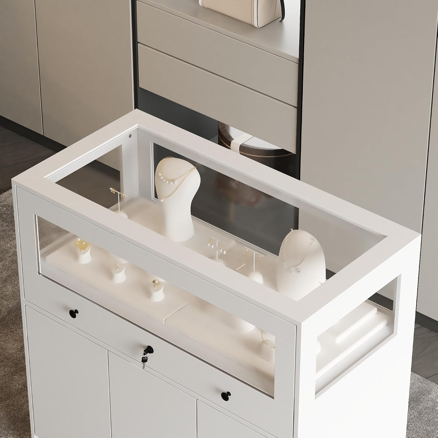 Lockable Glass Display Cabinet Closet Island, Glass Top Storage Cabinet for Retail, Collectibles Showcase with 3 Doors, Walk in Display Island for Retail Shop, Cloakroom, White