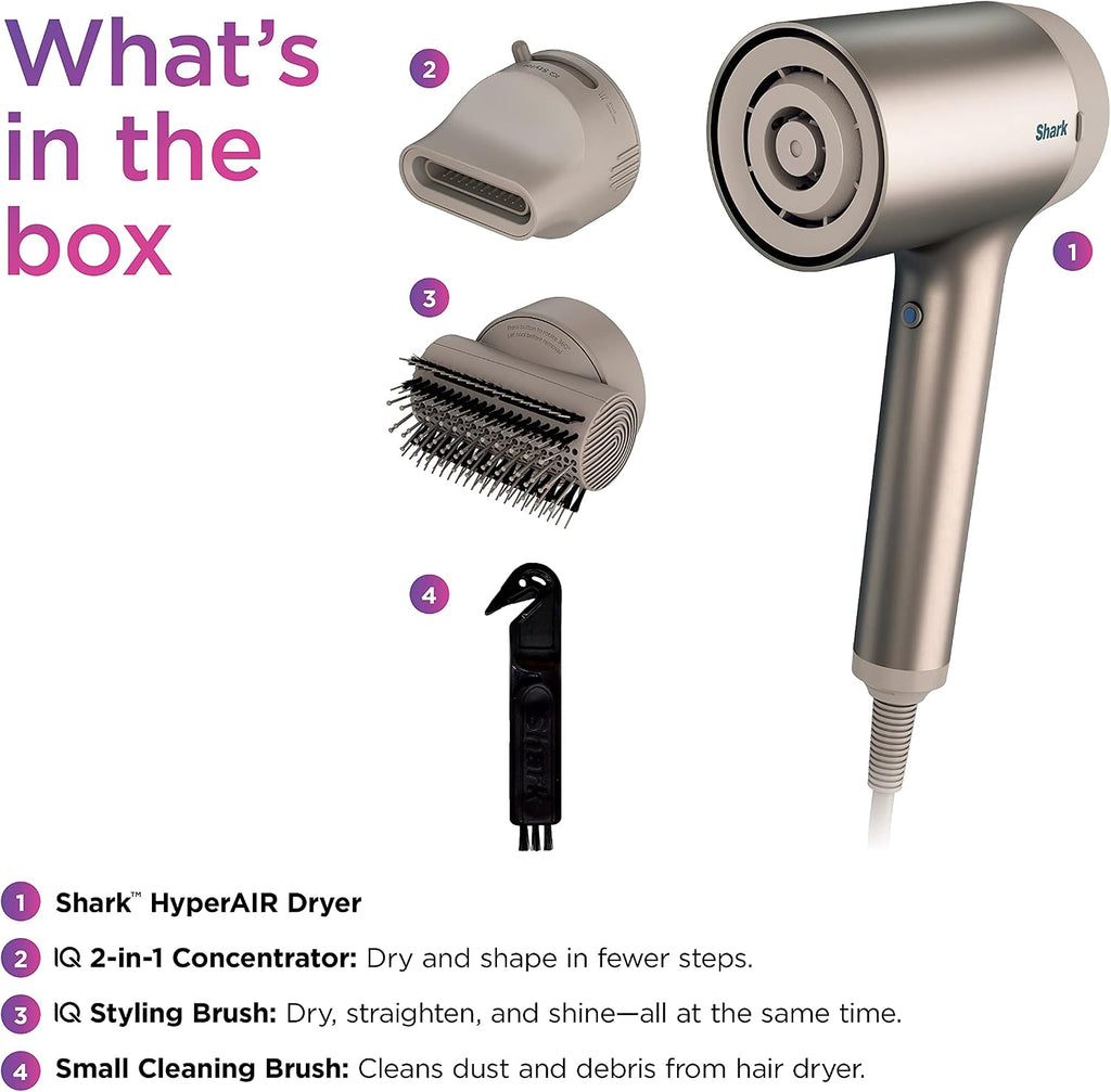 Shark HD112BRN Hair Blow Dryer HyperAIR Ionic Hair Dryer with 2-in-1 Concentrator and Styling Attachments, Auto Presets, Rotatable Hot Air Brush, No Heat Damage, Ionic, Stone