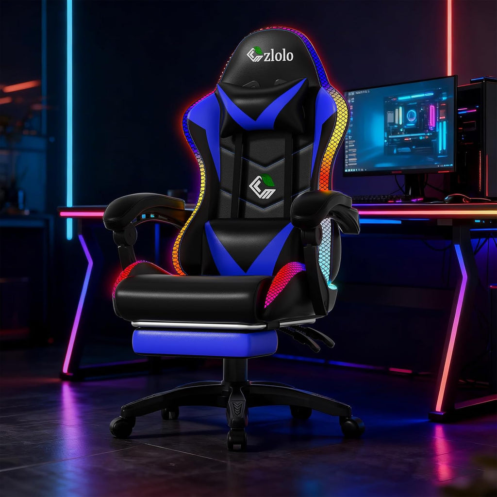 Czlolo Gaming Chair, Racing Style RGB LED Lights Gaming Chairs for Adults and Kids, Lumbar Massager Gamer Chair, High Back Reclining Computer Chair with Footrest and Headrest (Black/Blue)