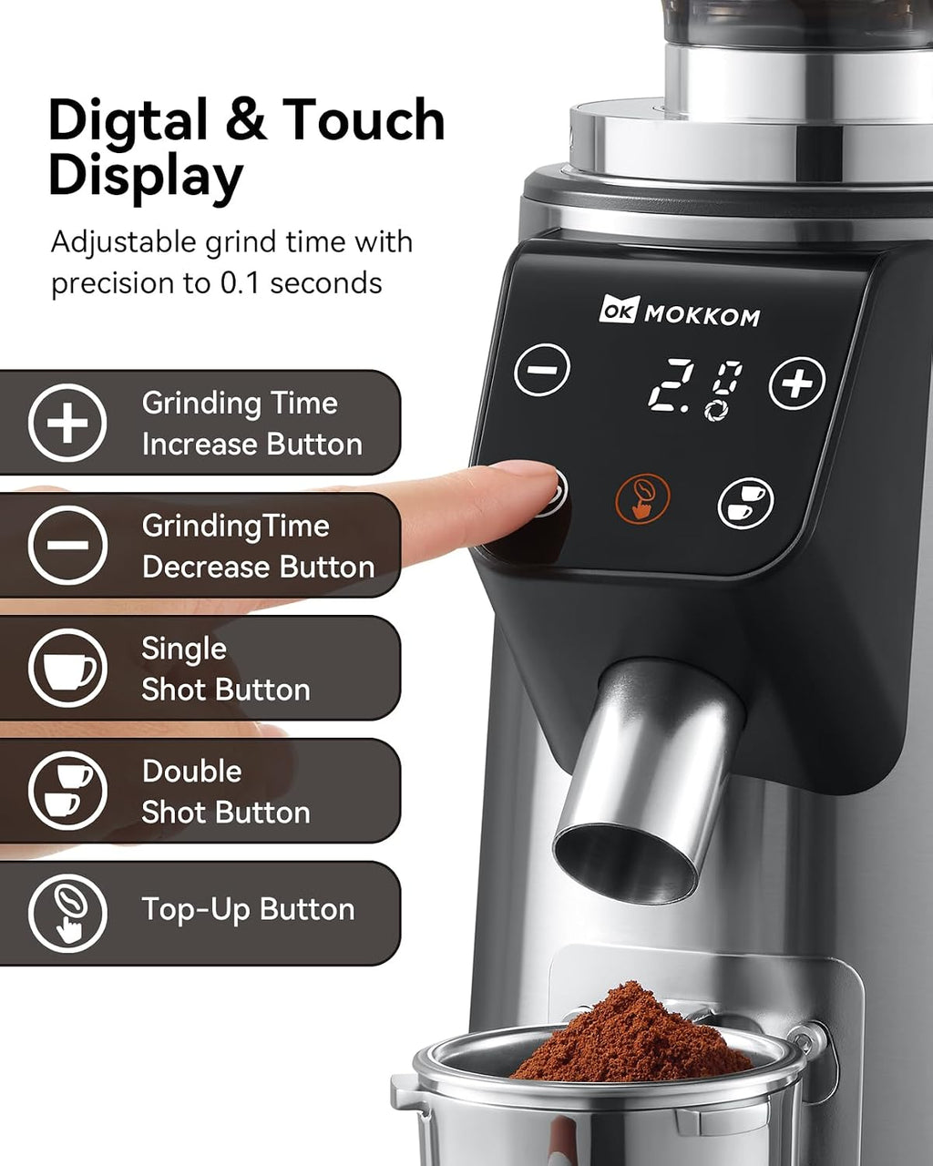 MOKKOM Professional 64mm Plated Flat Burr Coffee Grinder with 100 Grind Settings, All-Metal Stainless Steel Body, Coffee Bean Grinder with Adjustable Electronic Timer, Anti-Static, LED Display