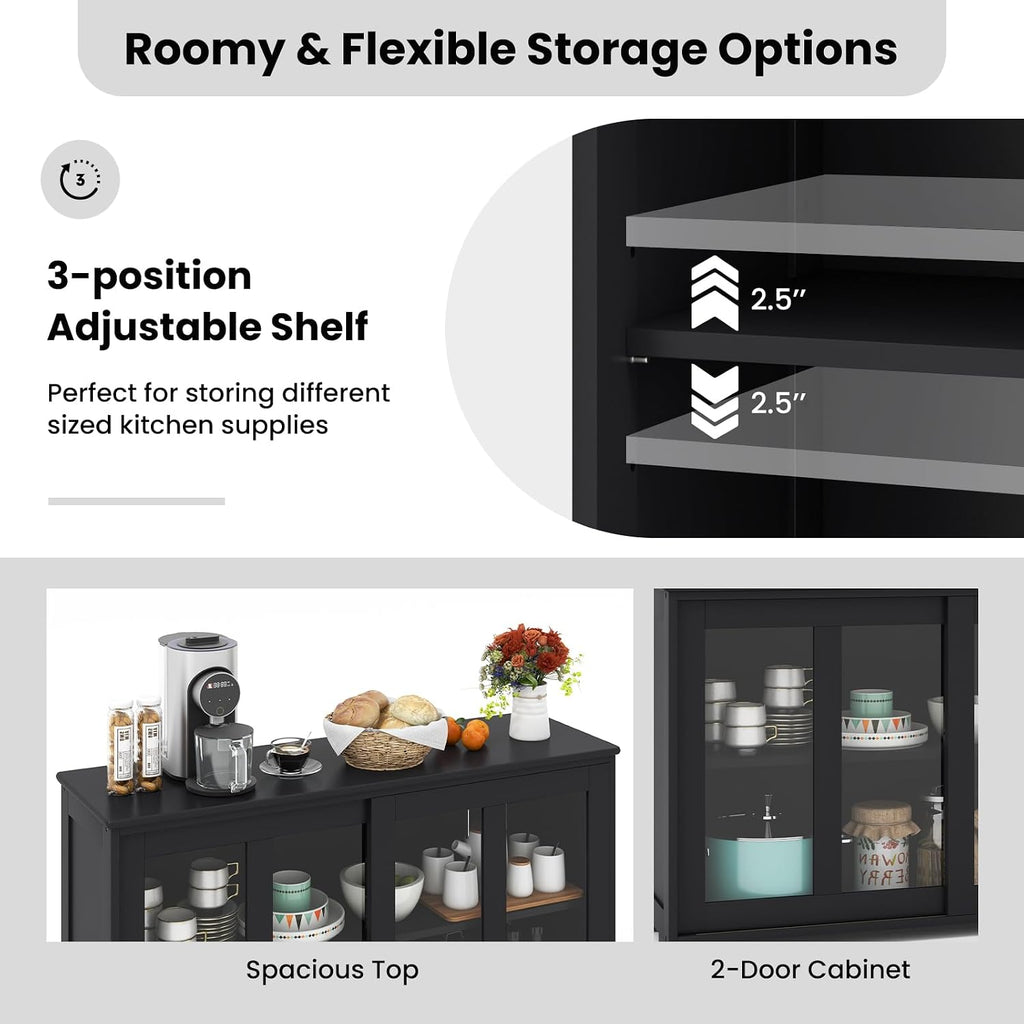 COSTWAY Buffet Sideboard with Storage, 2-Door Floor Cupboard with Sliding Tempered Glass Cabinet & Adjustable Shelf, Stackable Storage Cabinet for Kitchen, Entryway (Black)