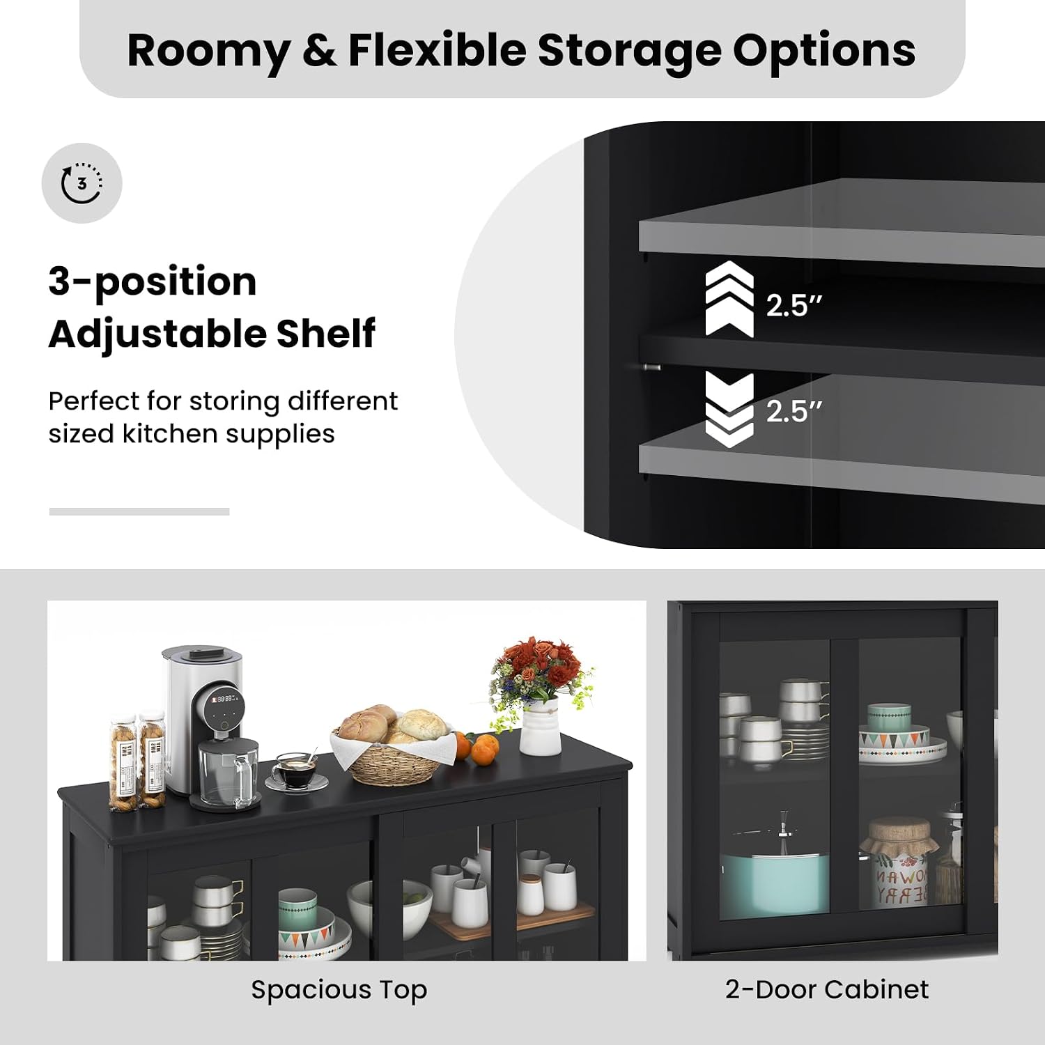 COSTWAY Buffet Sideboard with Storage, 2-Door Floor Cupboard with Sliding Tempered Glass Cabinet & Adjustable Shelf, Stackable Storage Cabinet for Kitchen, Entryway (Black)
