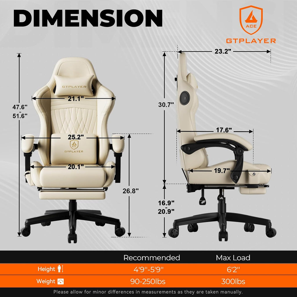 GTPLAYER ACE-PRO Music Gaming Chairs – Built-in Speakers, App Support & Bluetooth Control, Computer Game Chairs with Footrest for Adults, Ergonomic Reclining Silla, Linkage Armrest, Cream