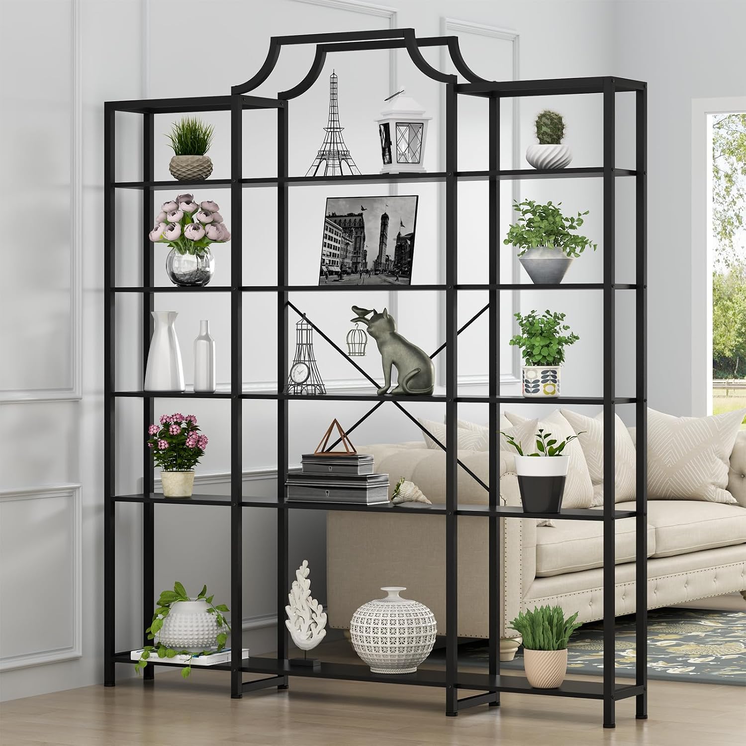 Auromie Triple Wide 5-Tier Bookshelf, 70.87' L x 79.13' H Extra Large Bookcase, Tall Open Etagere Display Shelf with Metal Frame, Freestanding Modern Storage Shelves for Home Office (Black)