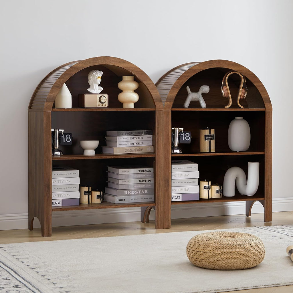 Janmer Home Freestanding Arched Bookcase, Modern 3-Tier Open Bookshelf, Low Short Bookshelf with Adjustable Shelves, Arched Storage Display Cabinet Organizer for Office, Living Room (Walnut, 2pcs)