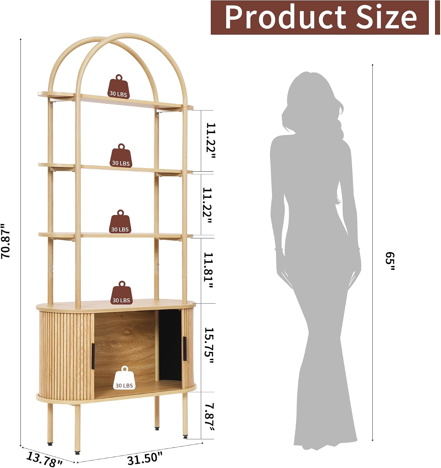 Turtle&Myrtle Tall Arched Bookshelf, Mid Century Modern Fluted Bookcase Cabinet with Sliding Doors, Curved Metal Frame Bookcase, Industrial Storage Display Shelving for Living Room, Bedroom (Natural)