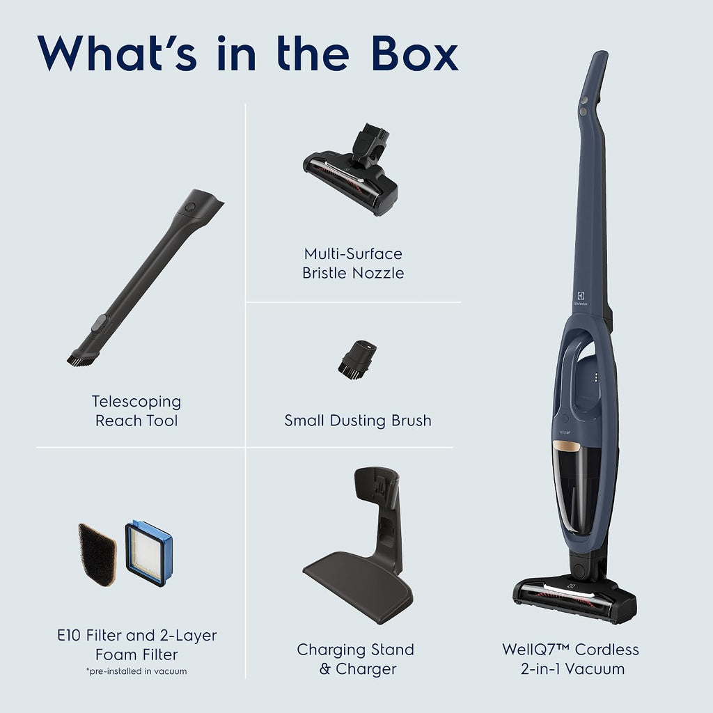 Electrolux WellQ7 Cordless 2-in-1 Vacuum with High Suction Power and 5-Step Filtration System, 50-Minute Run Time, 2 Power Modes, Denim Blue