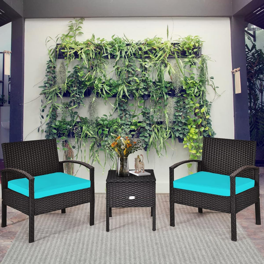 COSTWAY Rattan Patio Furniture Set 3 Pieces, Wicker Conversation Set with Tempered Glass Coffee Table, Seat Cushions, Outdoor Chair Wicker Sofa for Backyard Balcony Porch Poolside, Turquoise