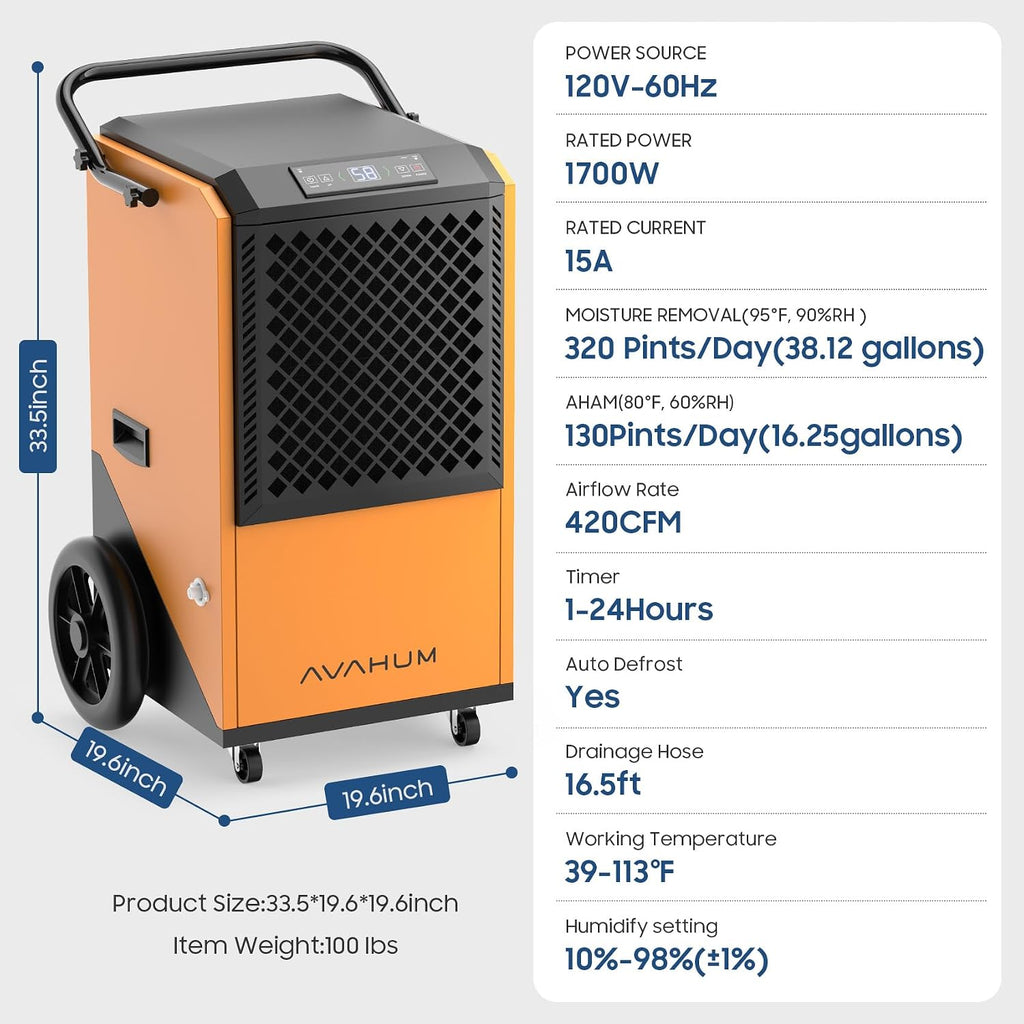 Commercial Dehumidifier,Yellow Industrial Dehumidifier 320 Pint for 8,000 Sq.Ft Basement Warehouse Construction, Large Heavy Duty Commercial Grade Dehumidifiers with Drain Hose, Auto Defrost,Restart