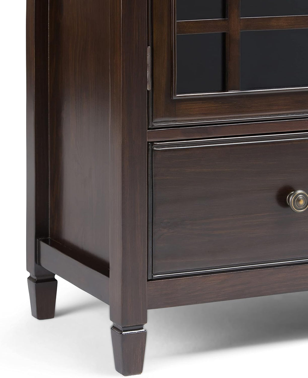 SIMPLIHOME Connaught Storage Cabinet - 46 inch Wide Solid Wood Tall Cabinet in Dark Chestnut Brown, Traditional Console for Living Room or Dining Room with Glass Doors, Adjustable Shelves, and Drawers