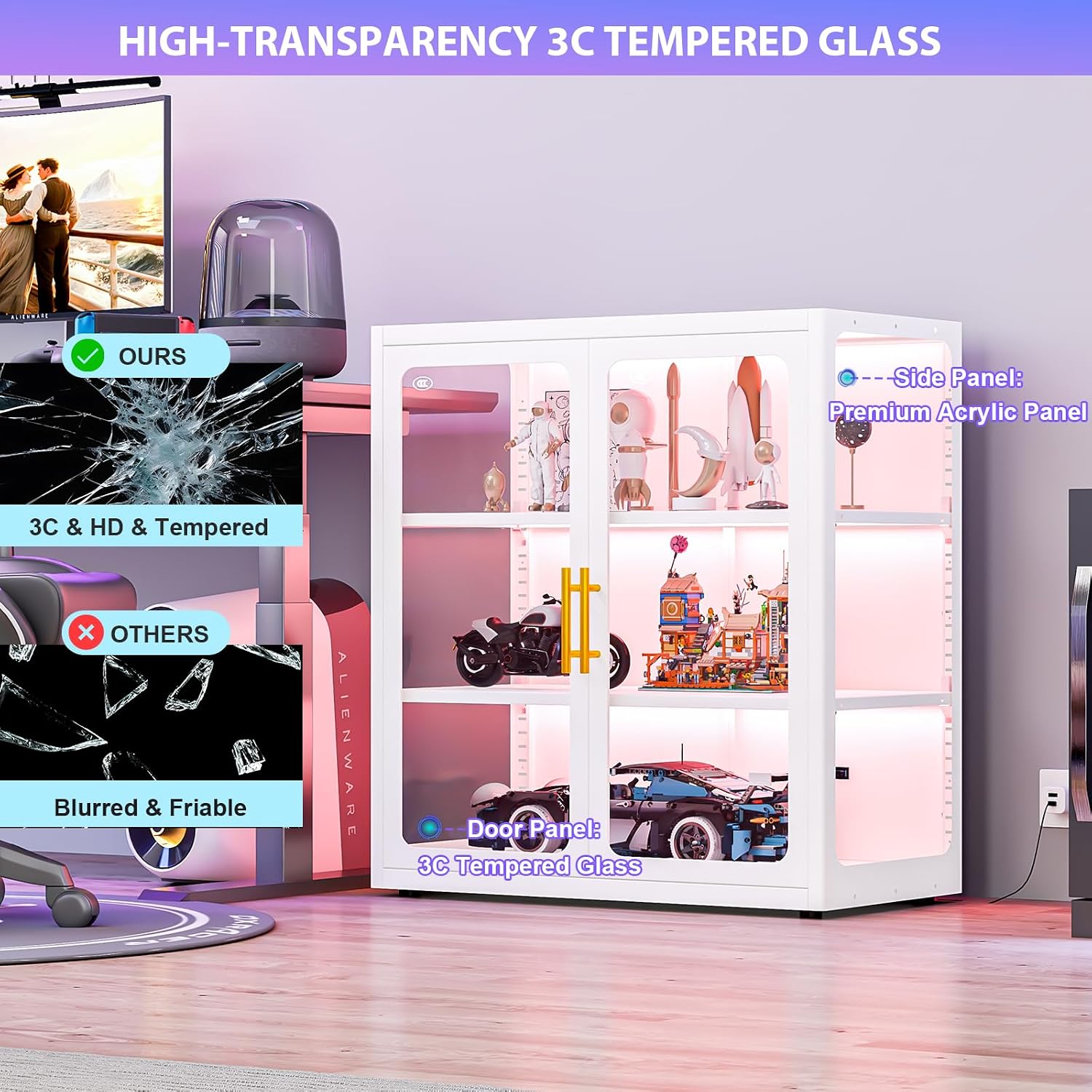 pozdeg Display Cabinet with Glass Door, 34' Curio Cabinet with RGB Lights and 2 Adjustable Shelves, Glass Display Case for Collectibles, Toys, Books, Figures, Exhibit (White)
