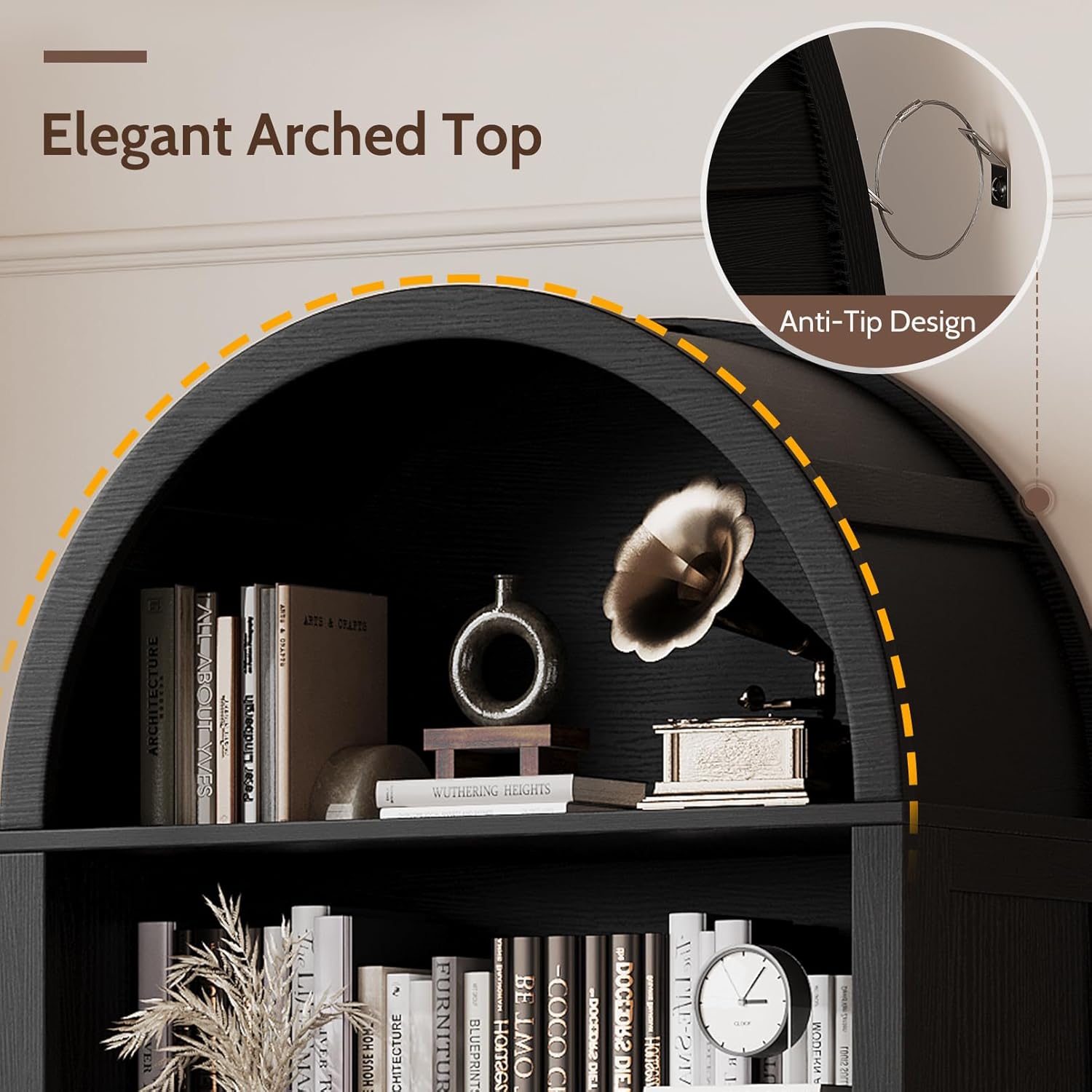 6-Tier Farmhouse Arched Bookcase with Doors, 70' Tall Wood Bookshelf with Storage,Open Shelves for Living Room or Office, Black, 1-Pack