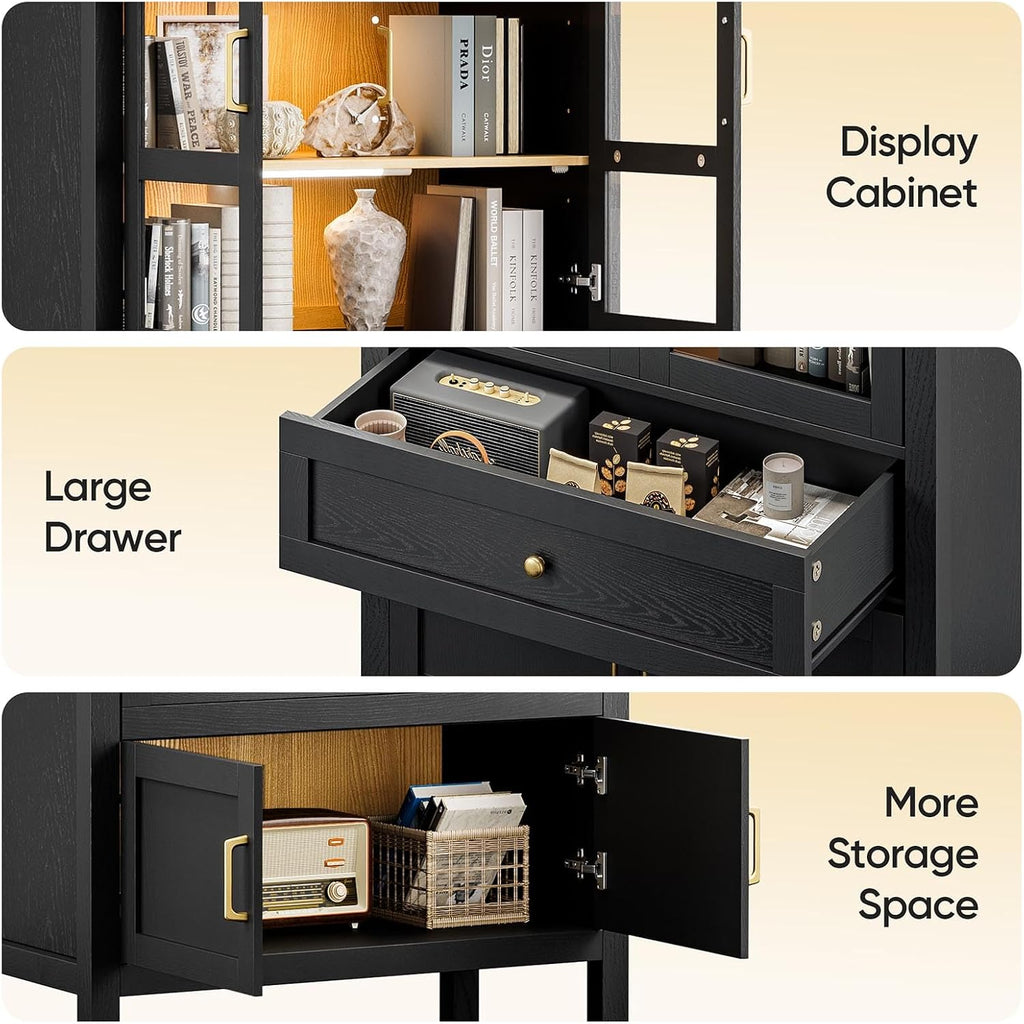 71' Display Arched Storage Cabinet with Glass Doors & Auto Sensor LED Lights, Tall Modern Black Storage Cabinets with Drawers and Adjustable Shelves for Dining Room/Bathroom/Kitchen/Office